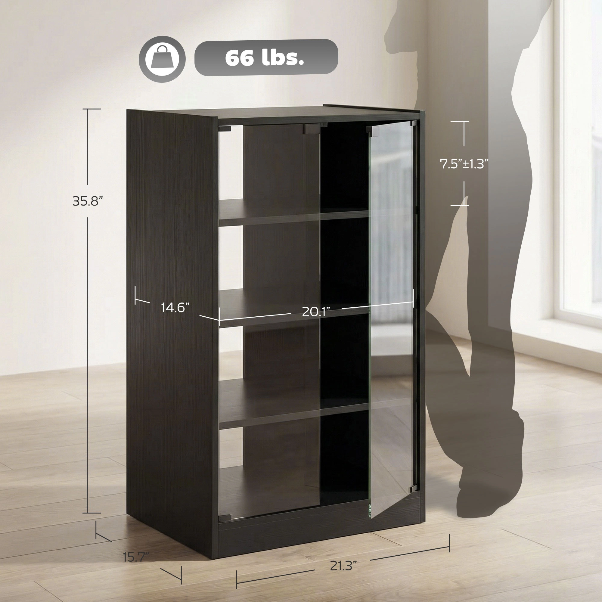 HONGGE Media Cabinet Stand with Adjustable Shelves Glass Doors and Cable Management