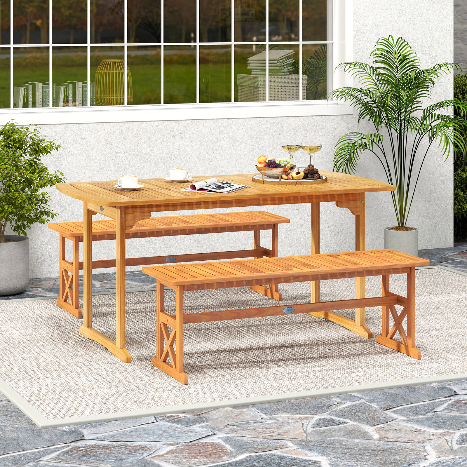SUGIFT 51-in Outdoor Acacia Wood Bench Slatted Seat 800-lb Capacity Natural 18-in High 1-Piece Outdoor Dining & Garden