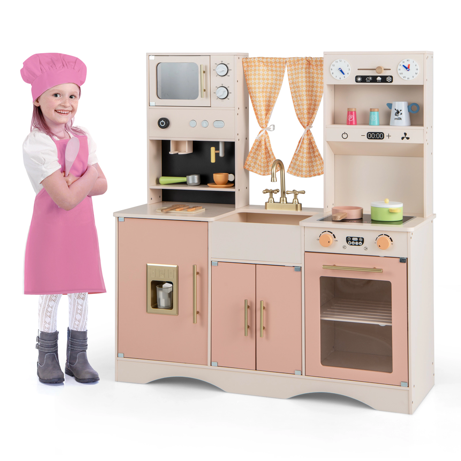SUGIFT Kids Kitchen Playset with Microwave, Coffee Maker, Ice Maker and Oven Ages 3+ 36-in Tall Pink/White