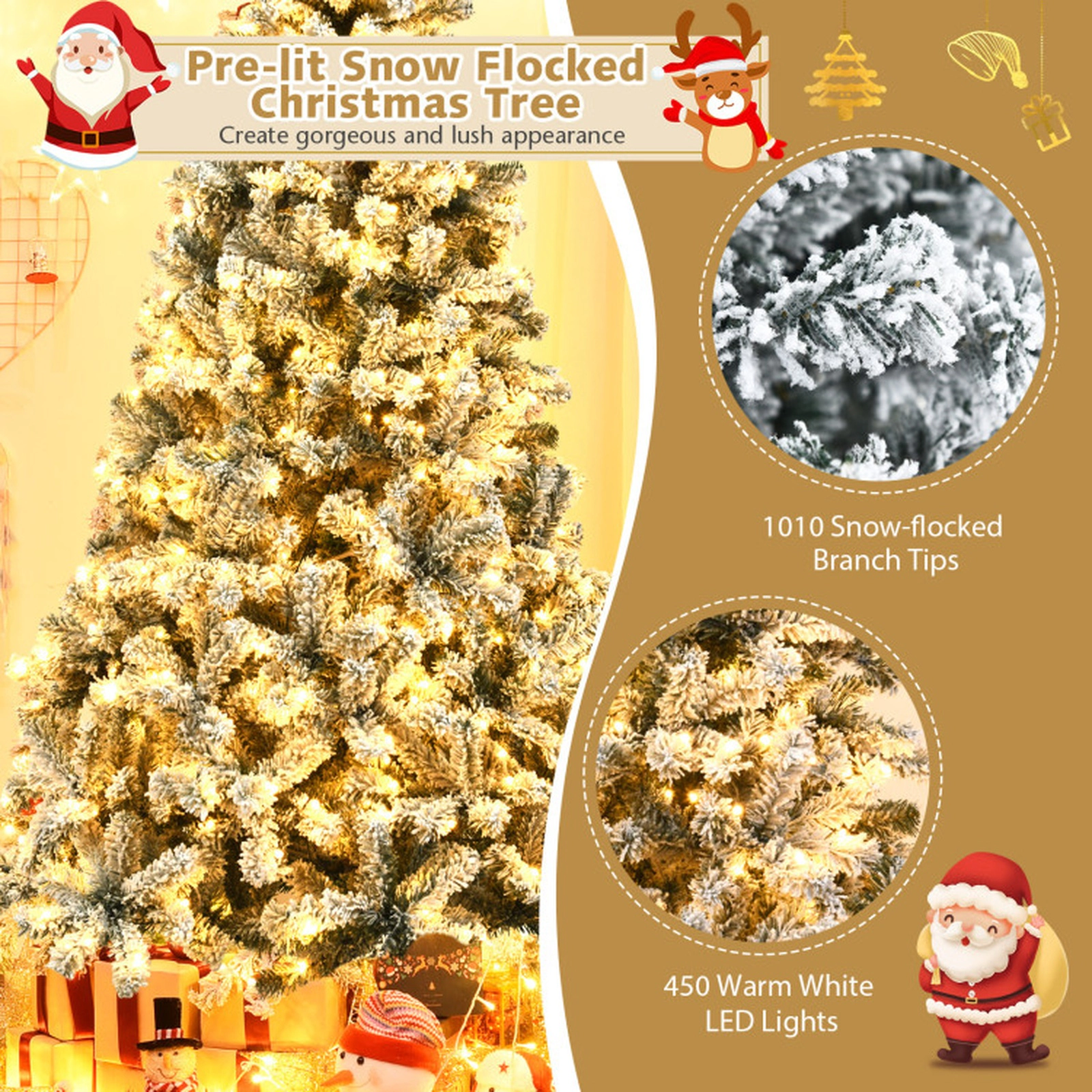 SUGIFT Pre-Lit Snow Flocked Hinged Artificial Christmas Tree 7.5-ft Tall 1010 Tips & 450 LED Lights with Metal Stand