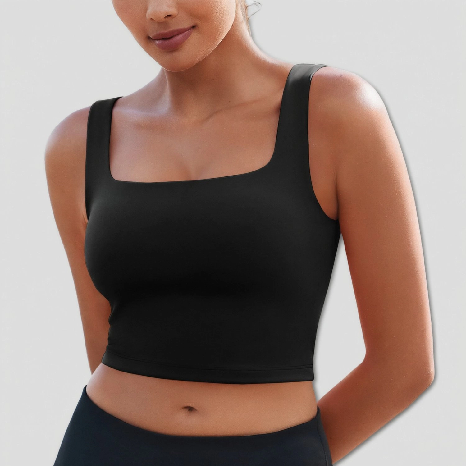 Pinspark Womens Square Neck Crop Top Wide Strap Sleeveless Solid Casual Summer Tank