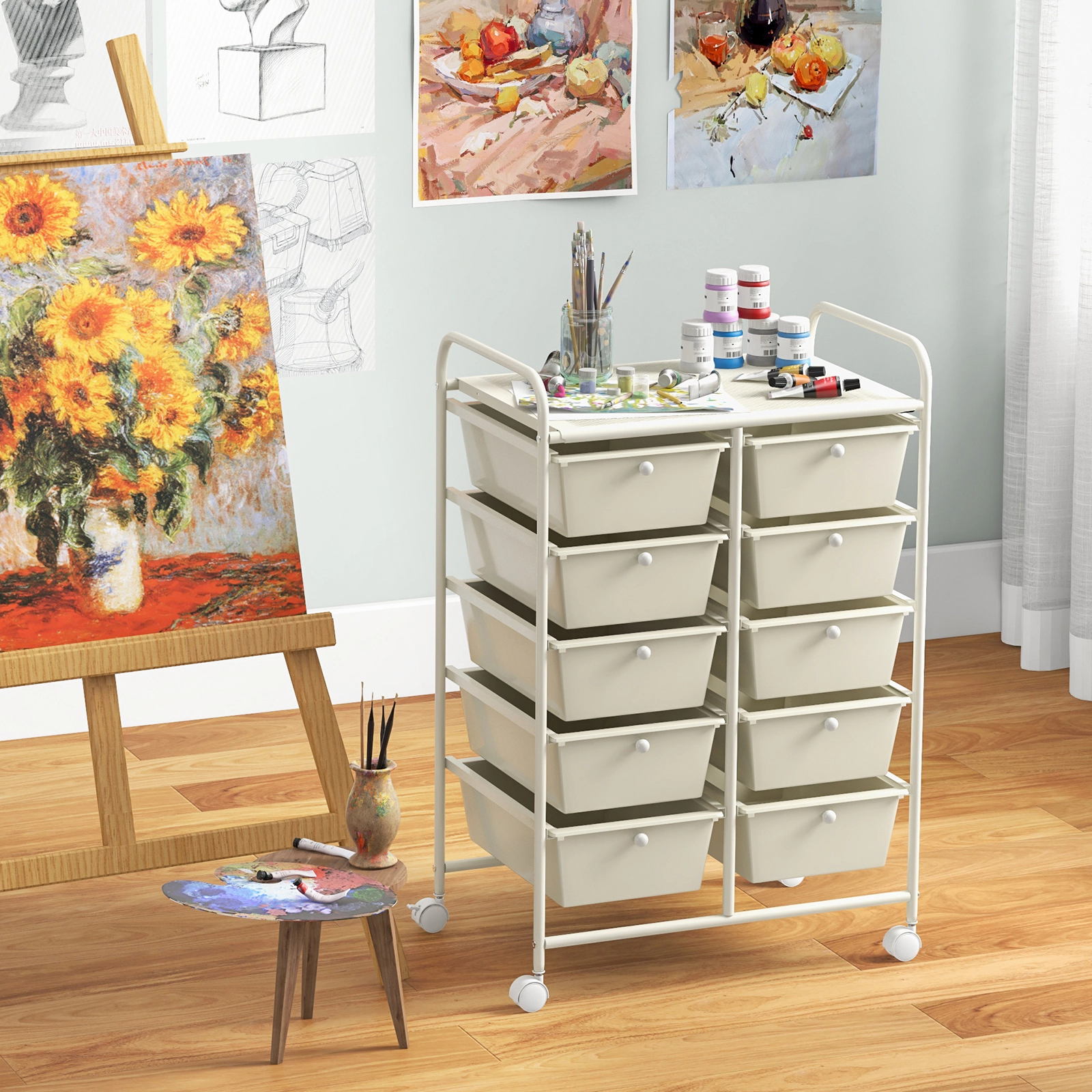 SUGIFT White 10-Drawer Rolling Storage Cart with Uniform 5-in Deep Drawers 26-in W 14.5-in D 34-in H