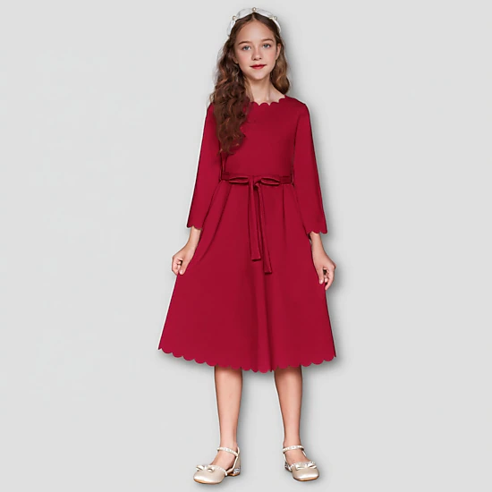 Arshiner Girl's Scallop Trim Belted A-Line Midi Dress with Pockets