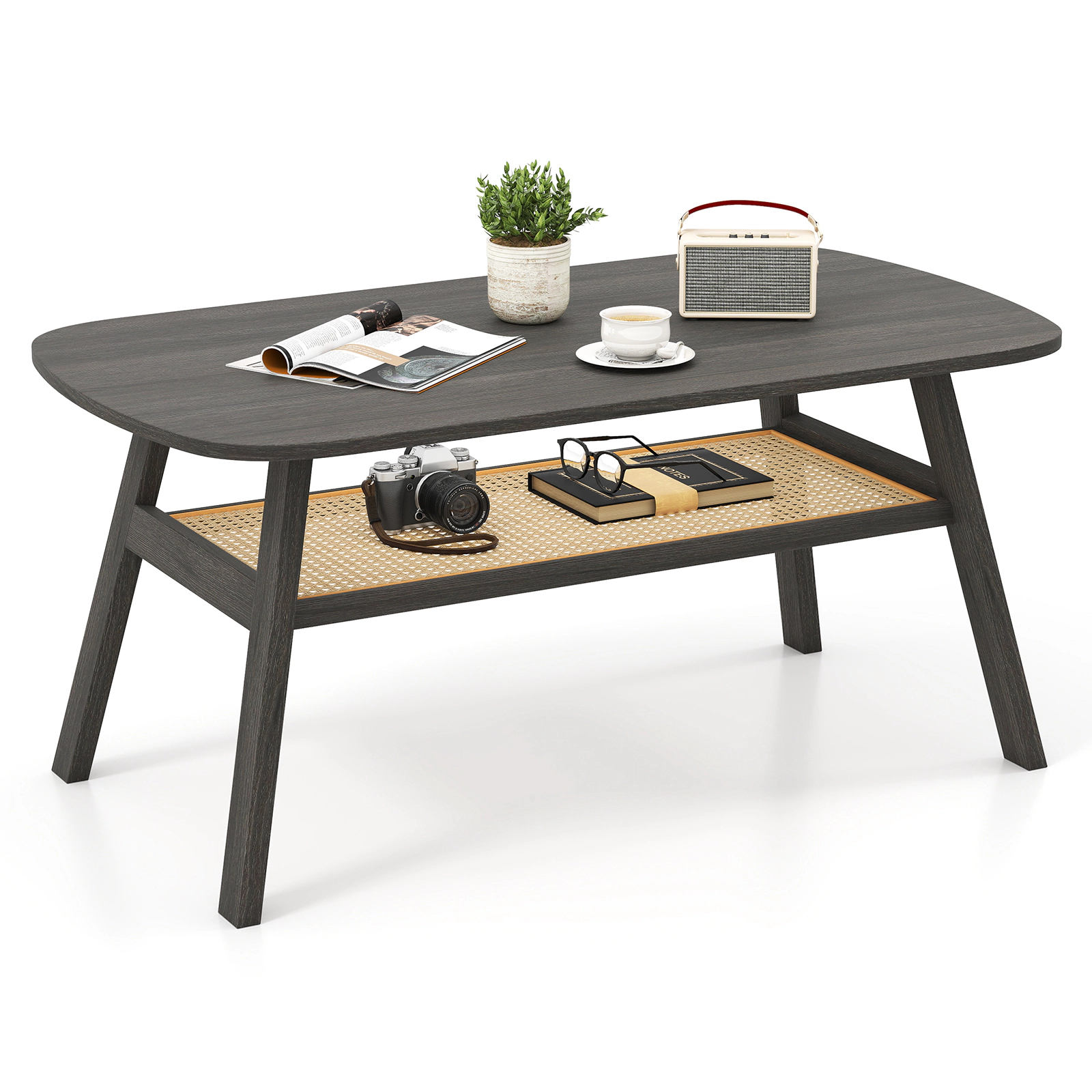 Glintex 2-Tier 39.5-Inch Coffee Table with Woven Rattan Shelf and Wood Legs, Dark Gray & Natural