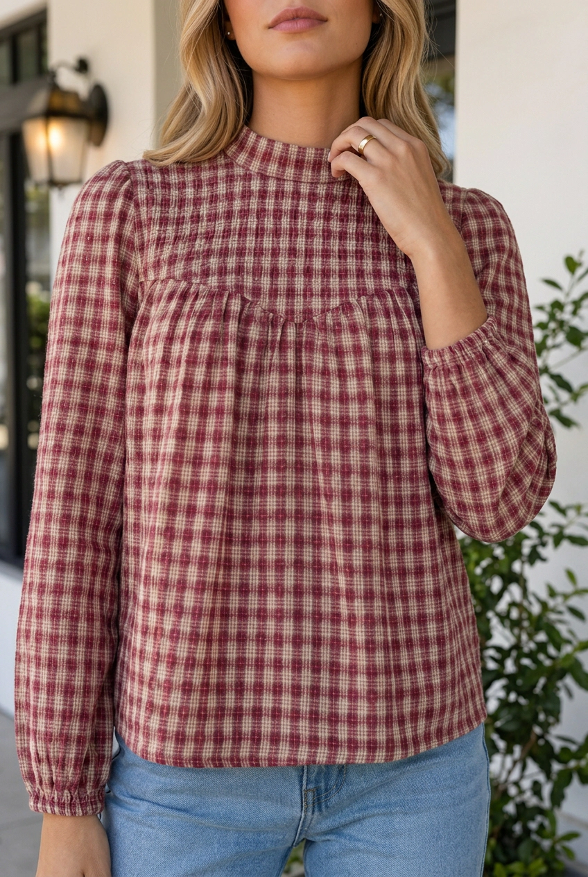 Threaded Pear Cadence Pleated Loose Blouse Long Sleeve Top