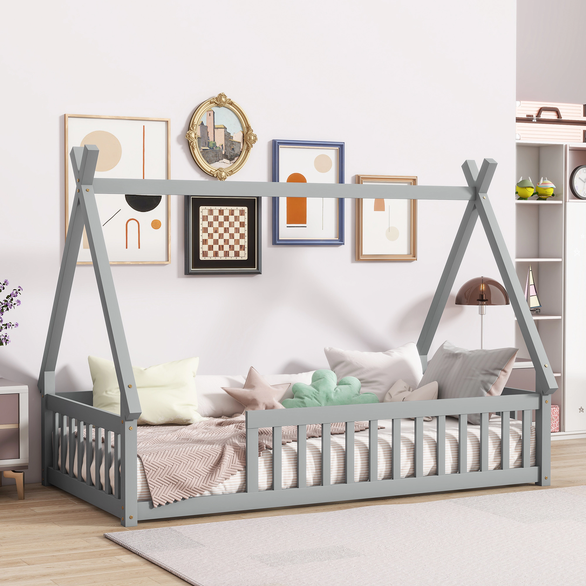Tinyhomie Twin Tentshaped Floor Bed Teepee with Guardrails Slats Grey