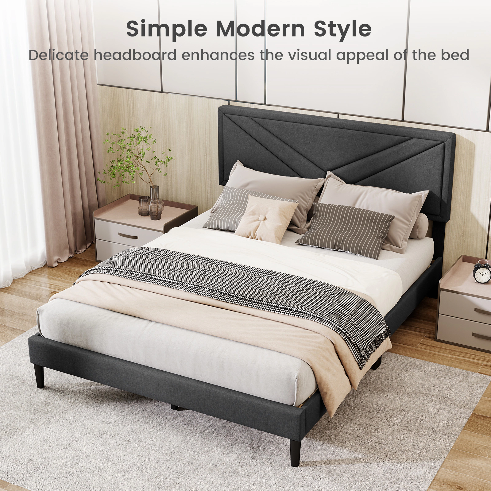 SUGIFT Queen Upholstered Platform Bed, Gray Faux Linen Tufted Panel Headboard