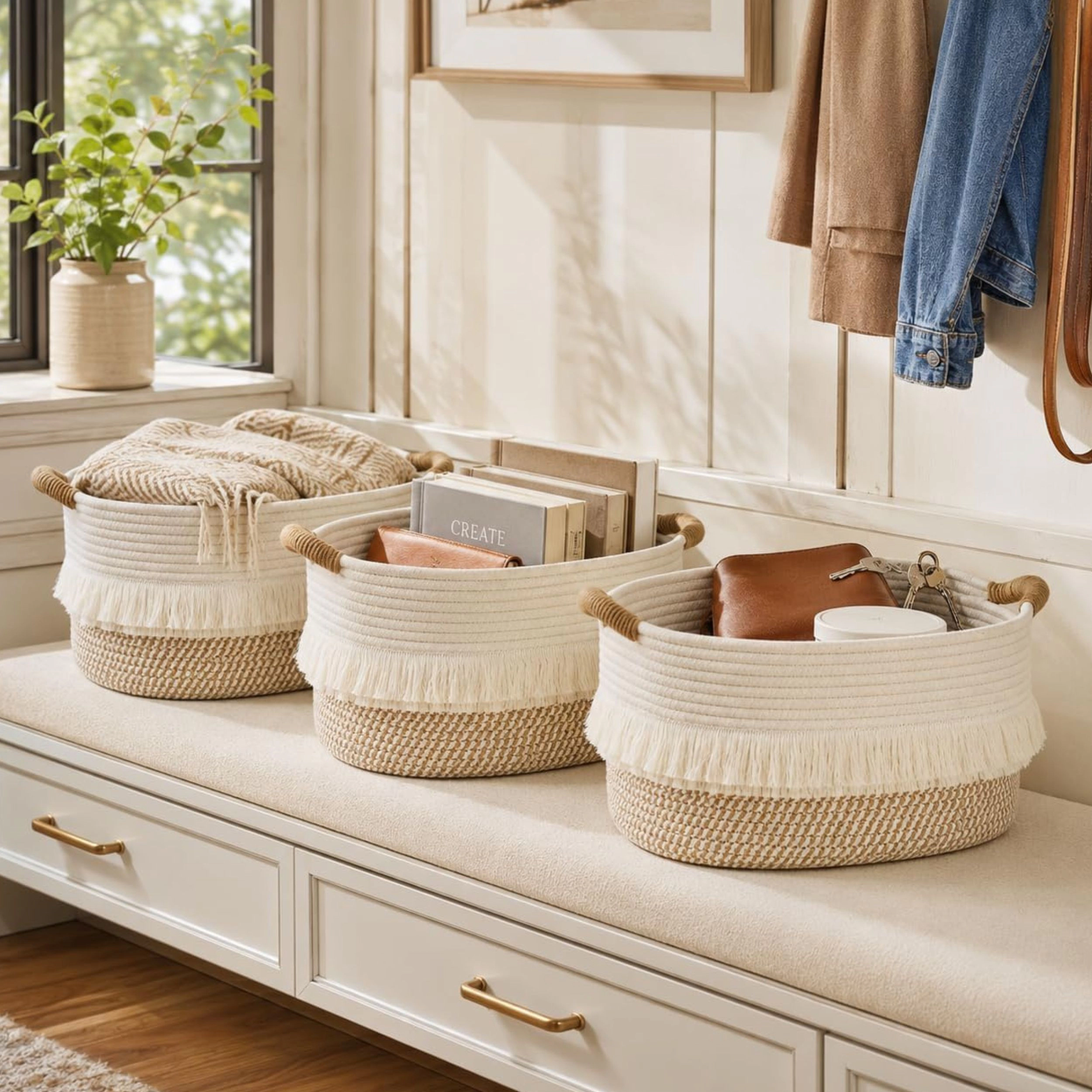 Stock Preferred Pack of 3 Boho Cotton Rope Woven Storage Baskets for Shelves