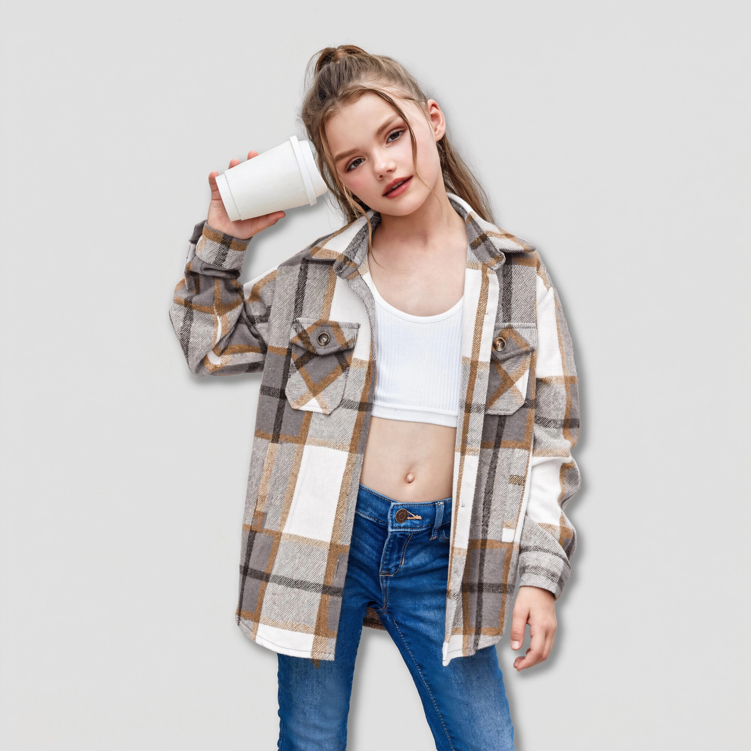 Arshiner Girl's Plaid Flannel Button Down Long Sleeve Shirt with Pockets