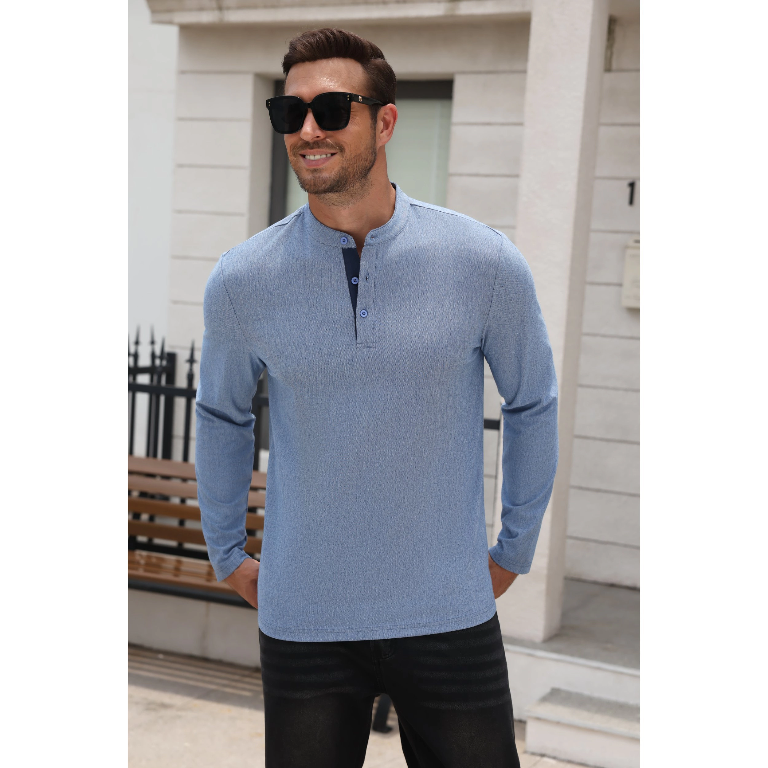Coofandy Men's Long Sleeve Stand Collar Henley Button Placket Shirt