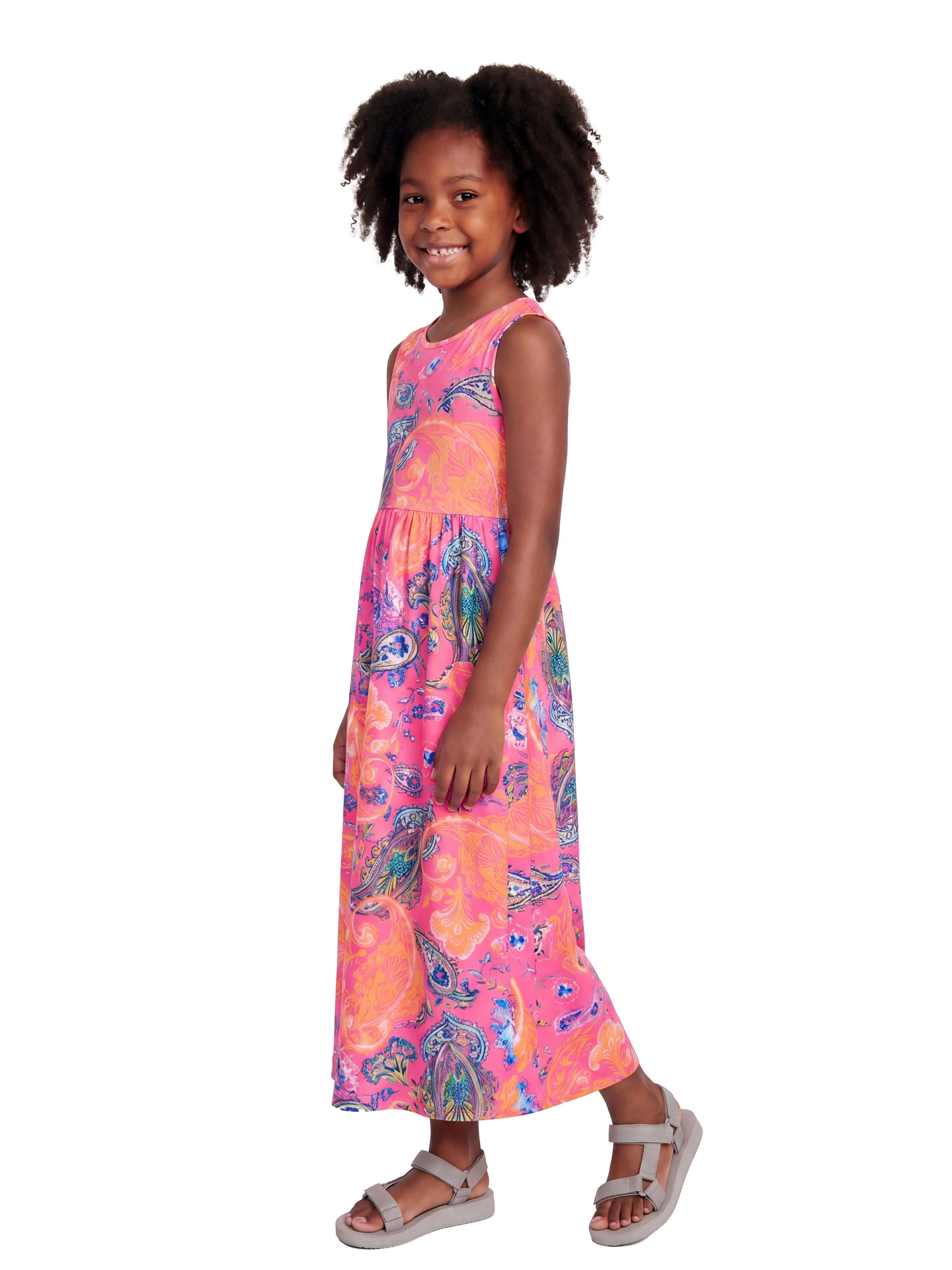 24sevenKid Essential Girls Pink Paisley Print Sleeveless Maxi Pocket Dress