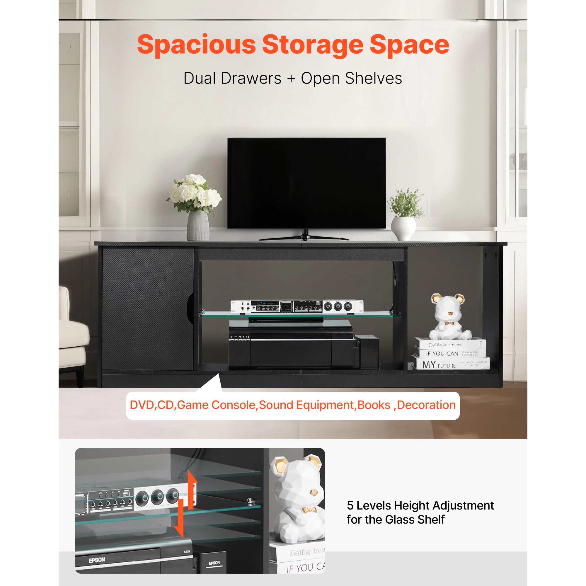 HONGGE TV Stand for TVs up to 65 Inch, Entertainment Center with Light Strip