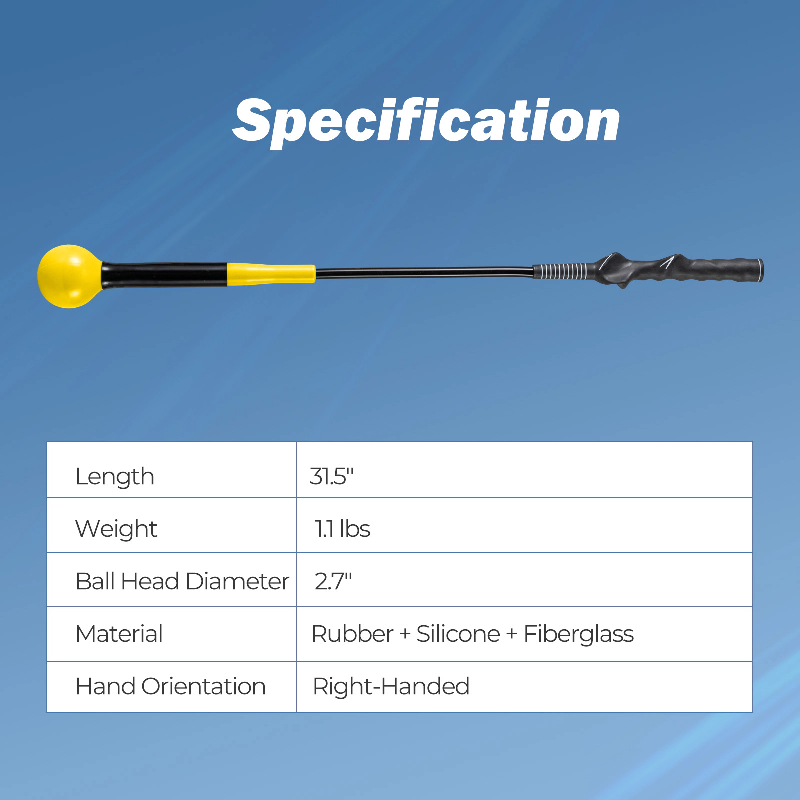 31.5-in Golf Swing Trainer Aid 2.7-in Weighted Ball Head Fiberglass Shaft Ergonomic Grip Right-Handed Yellow