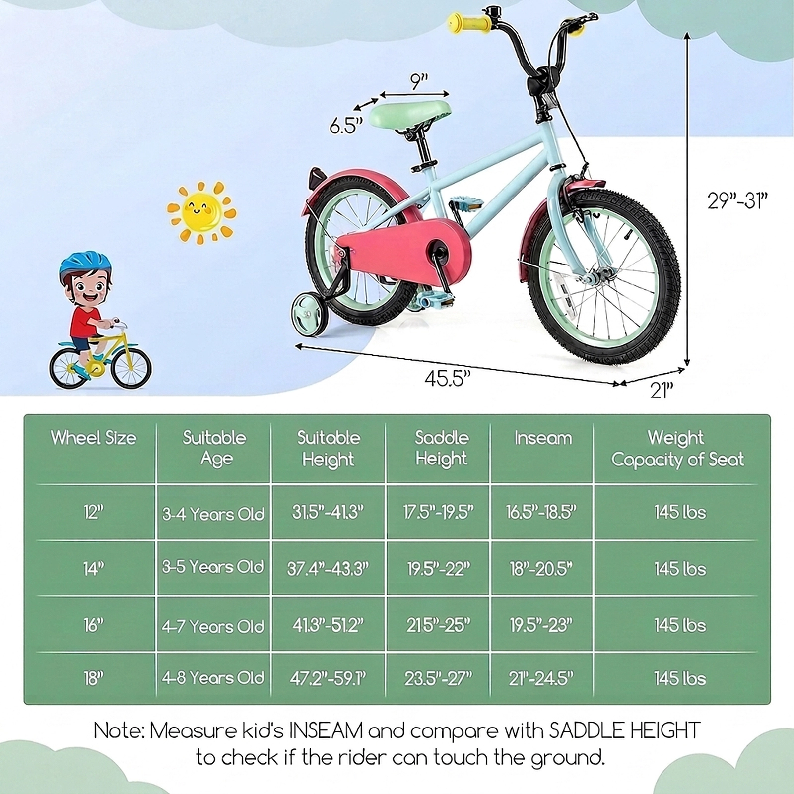 16-in Kids Bike Quick-Release Adjustable Handlebar Saddle Dual Brake System Removable Training Wheels Ages 4-7 Blue