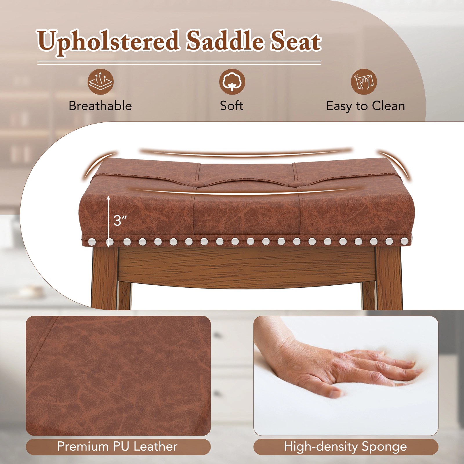 SUGIFT Set of 2 Upholstered PU Leather Saddle Bar Stools 285-lb Capacity 25-in Counter and 29-in Bar Heights Brown