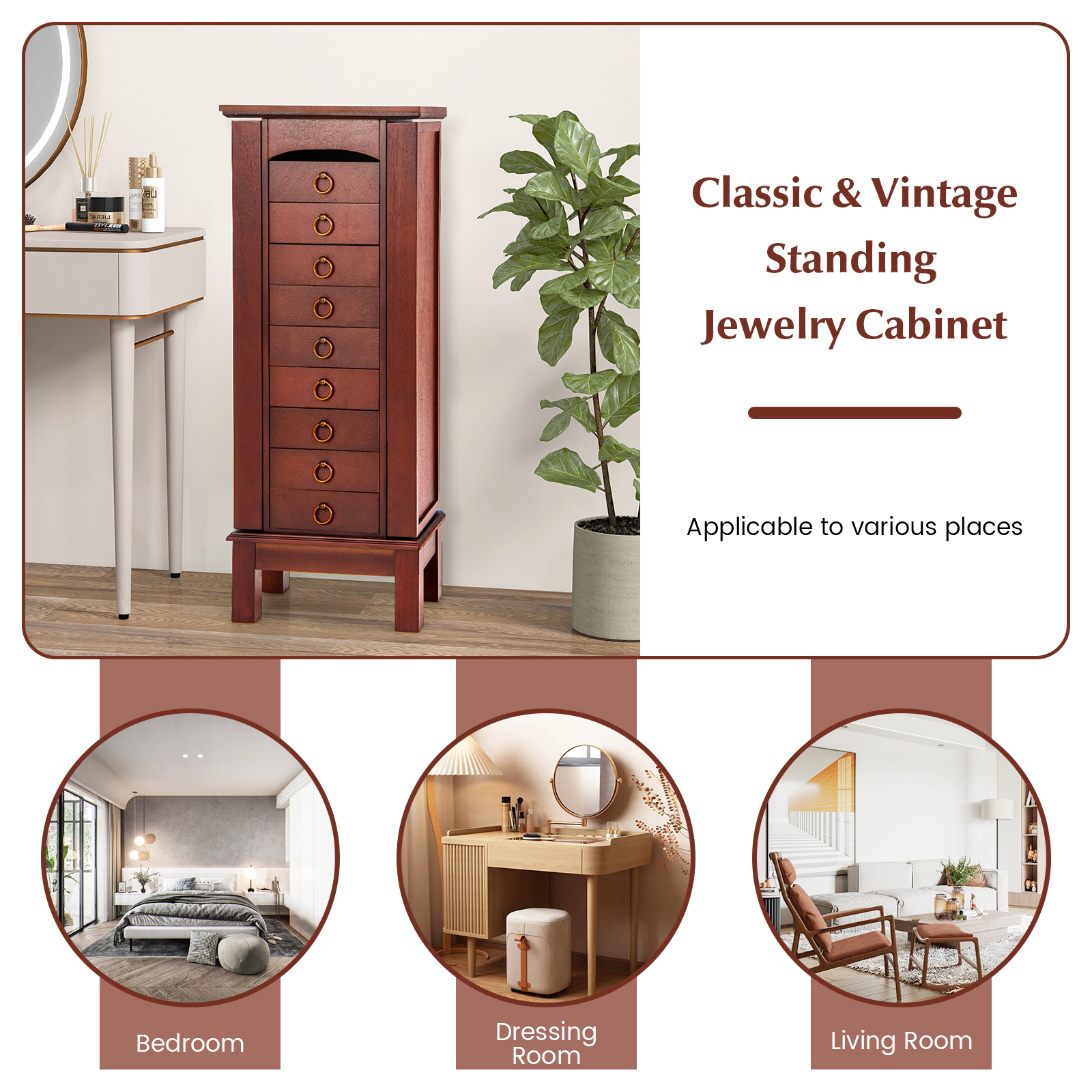 SUGIFT Large Capacity Jewelry Storage Cabinet with 9 Drawers Flip-Top Mirror 16-in Wide MDF Glass Walnut