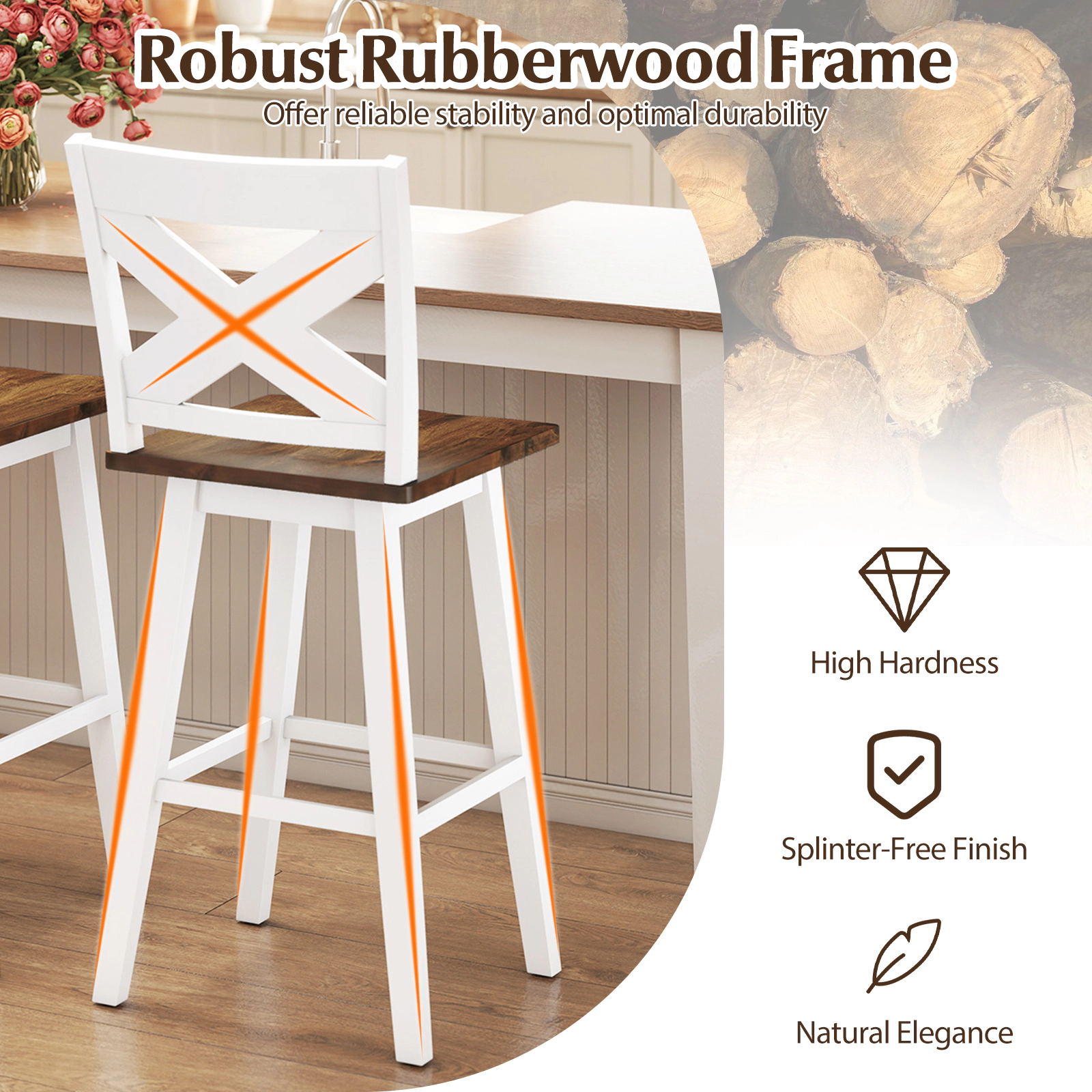 SUGIFT Rubberwood Swivel Bar Stools with Backrest & Large Seat 350-lb Capacity 29-in Seat Height White + Walnut Set of 2