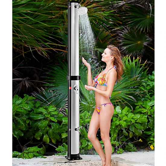 SUGIFT Solar Heated Outdoor Shower Column 10-Gallon Tank 360° Rotating Head Foot Tap 7.2-ft Tall Silver/Black