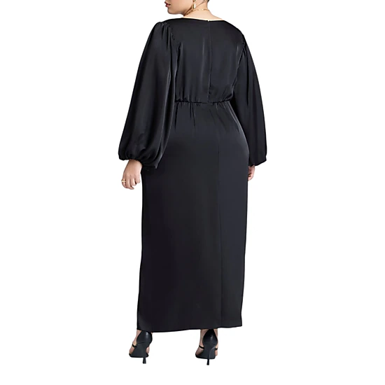 ELOQUII Women's Plus Size Pleated Satin Puff-Sleeve Maxi Dress, Color ...