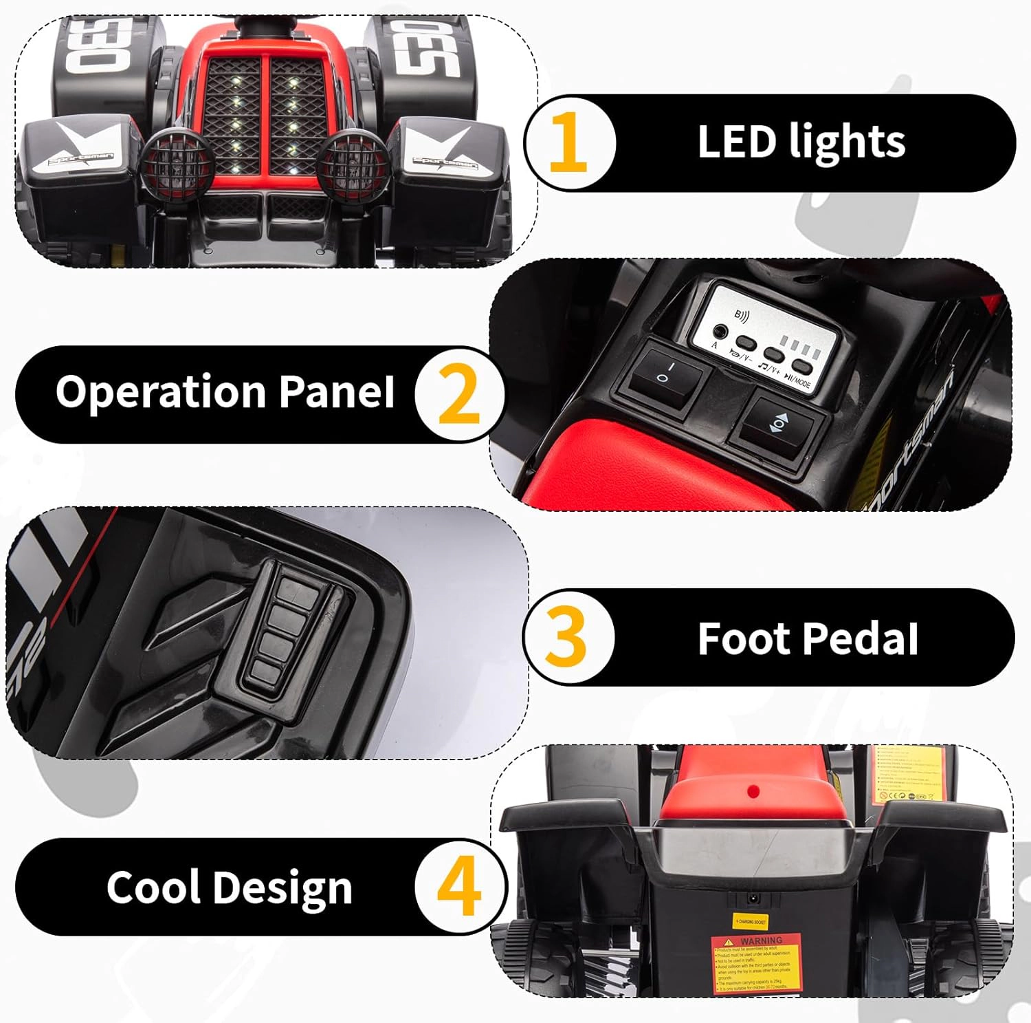 Enjyam 6V Kids Ride On ATV Quad Car, Electric 4-Wheeler w/1.76MPH Speed, Music, LED Lights, Push-Button Start