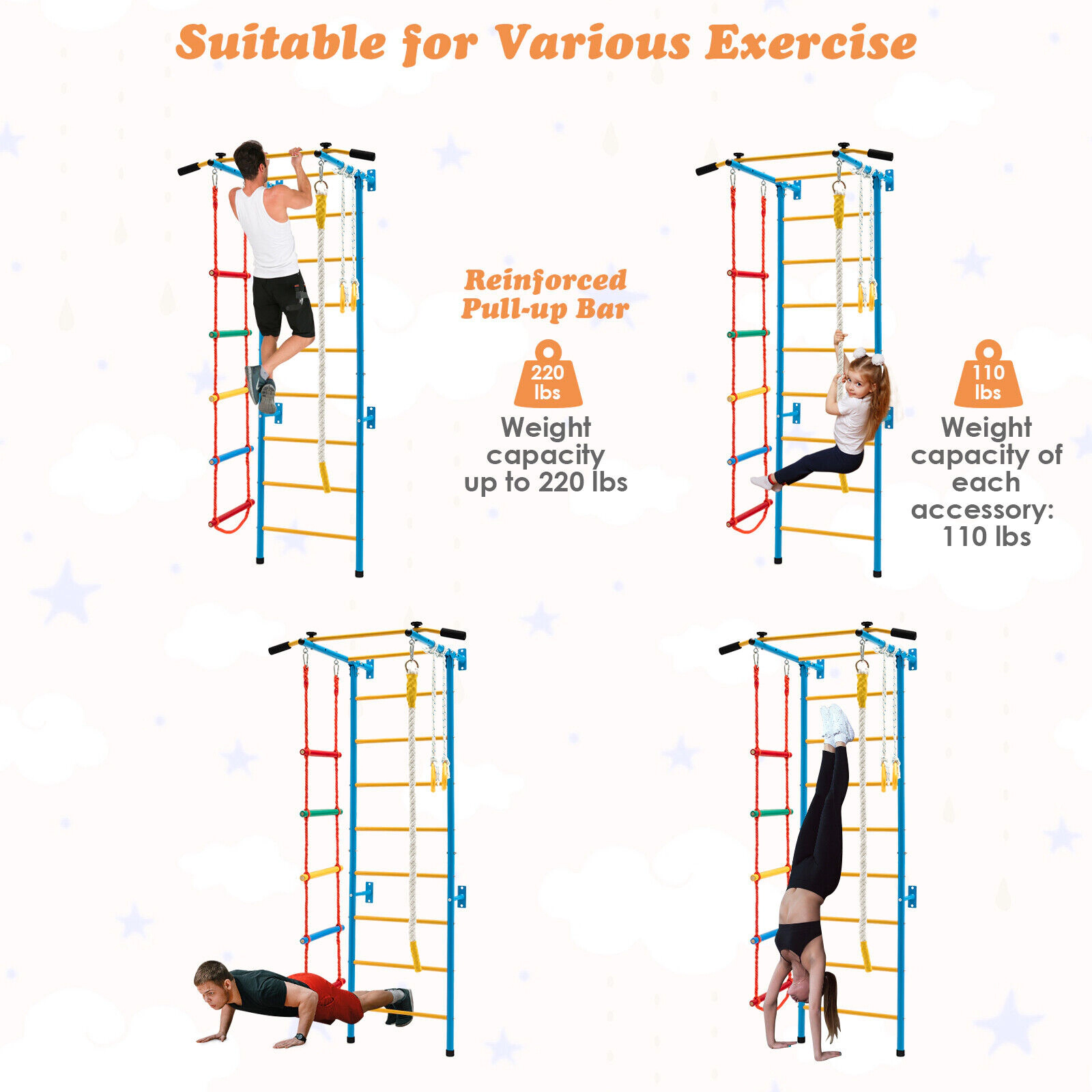 SUGIFT Yellow Pull-Up Bar and Gymnastic Rings 7-in-1 Kids Indoor Gym Swedish Wall Ladder