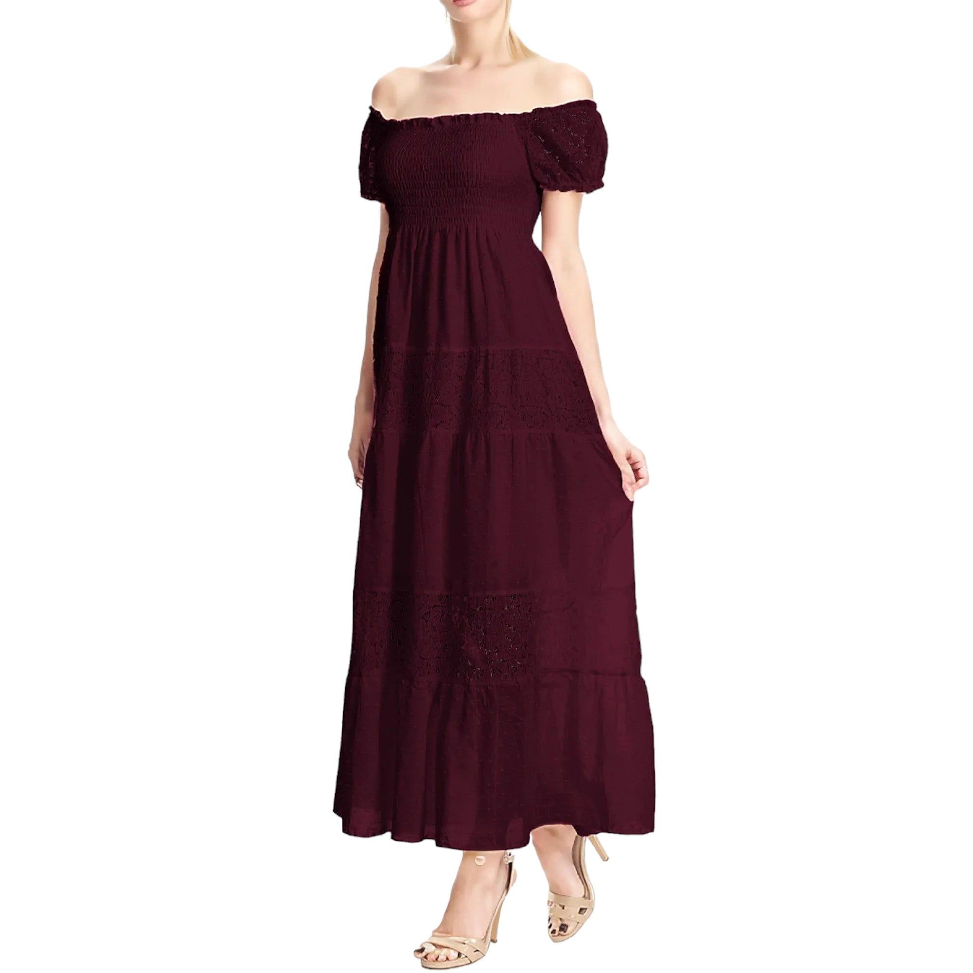 Women's Black Off-Shoulder Lace Maxi Dress with Square Neck, Short Sleeves, Half Lining