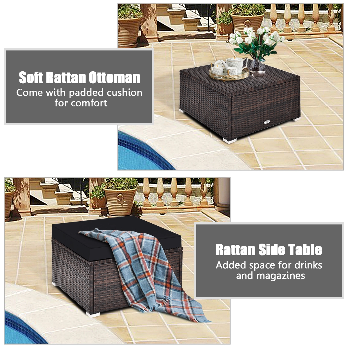 LJG 4 Pcs Ottoman Garden Deck Patio Rattan Wicker Furniture Set Cushioned Sofa