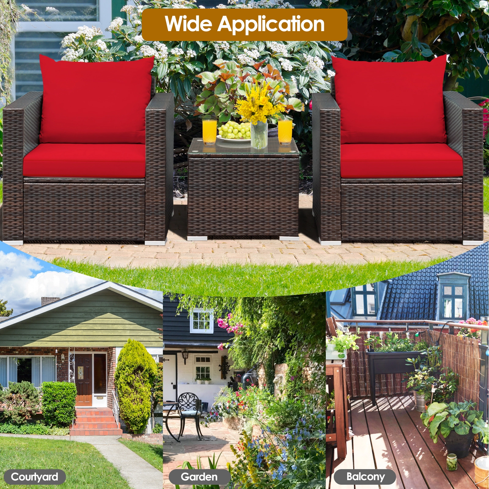 SUGIFT 3-Piece Steel Rattan Patio Conversation Furniture Set Cushions 400-lb Sofa Capacity Brown Rattan Red Cushions