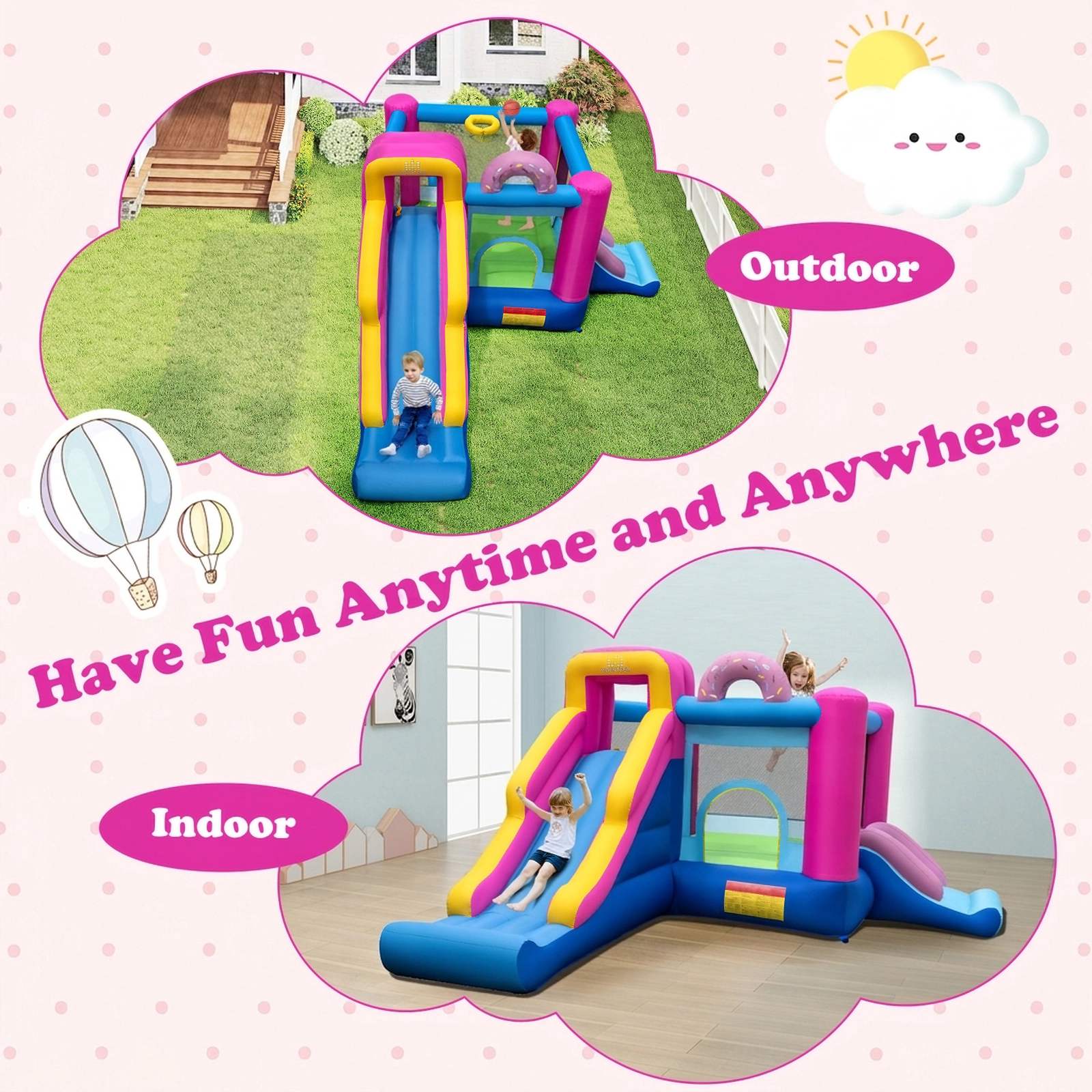 SUGIFT Kids Multicolor Bounce House with Dual Slides Basketball Hoop and 680W Blower 179-in W 100-lb Per Child
