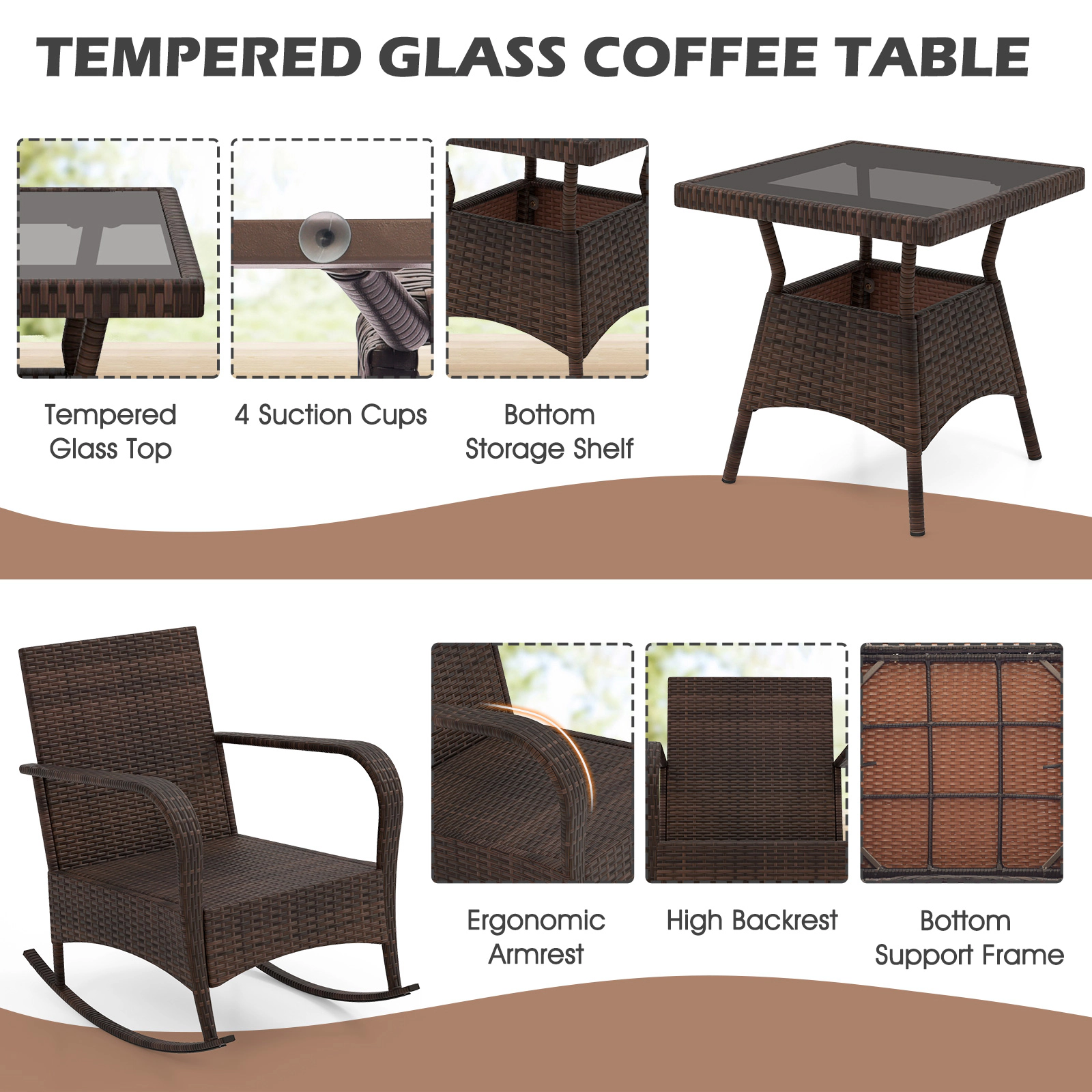 Hivvago 3 Piece Outdoor Rocking Set with Tempered Glass Coffee Table for Backyard Poolside