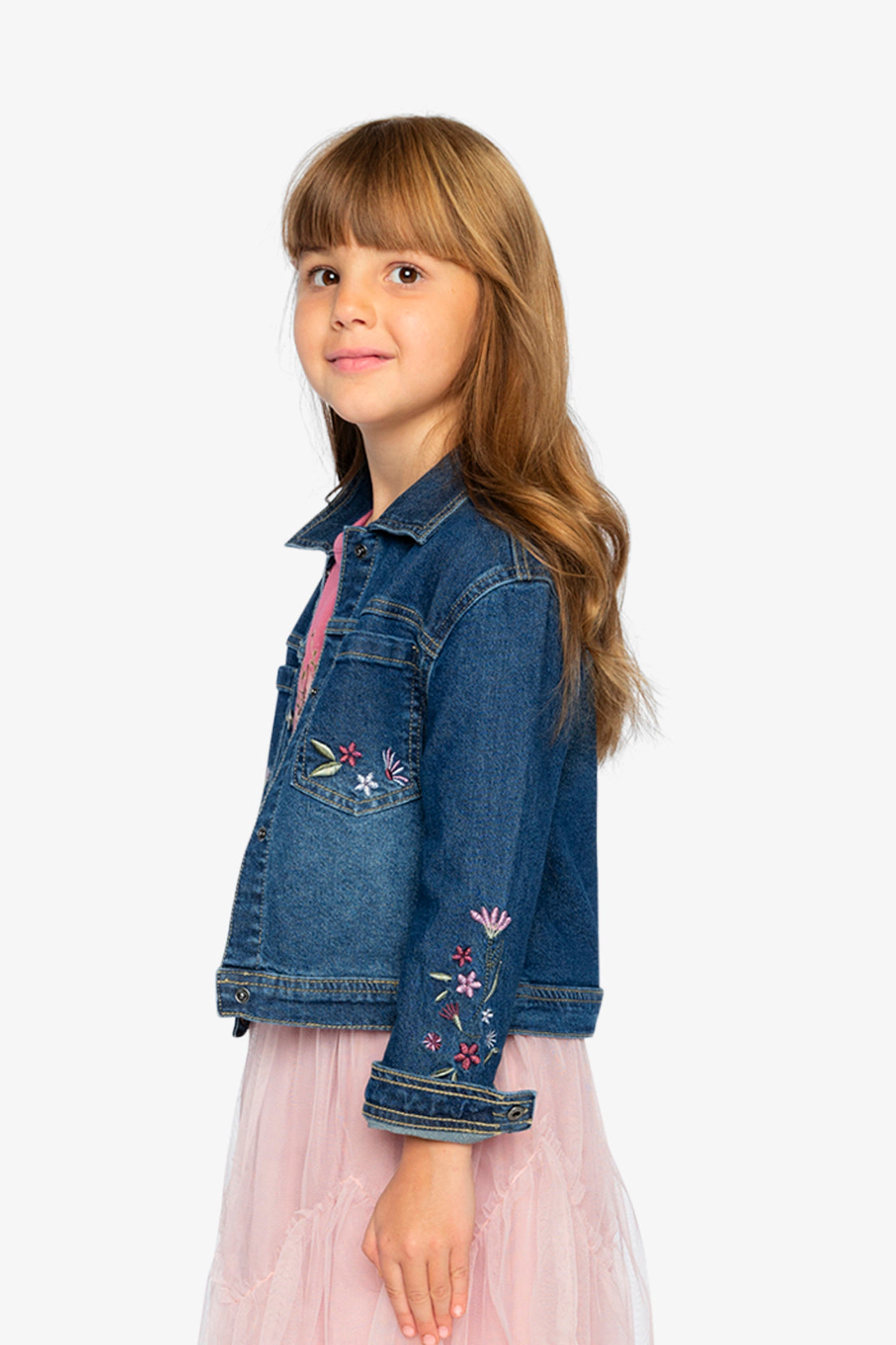 Deux par Girls Flower Embroidered Stretch Denim Jacket