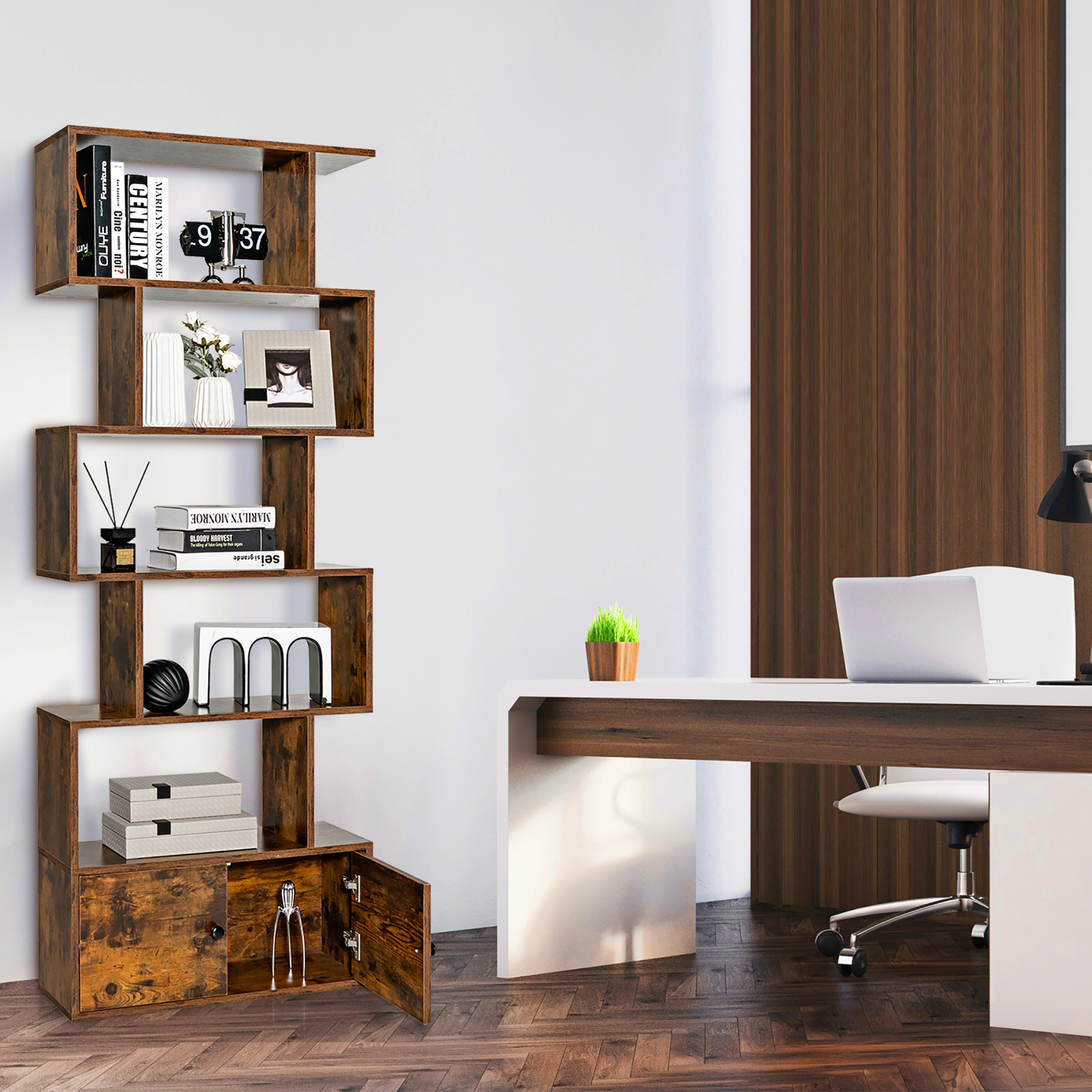 Costway Bookshelf with Cabinet 6-Tier S-Shaped Bookcase Storage Rack White