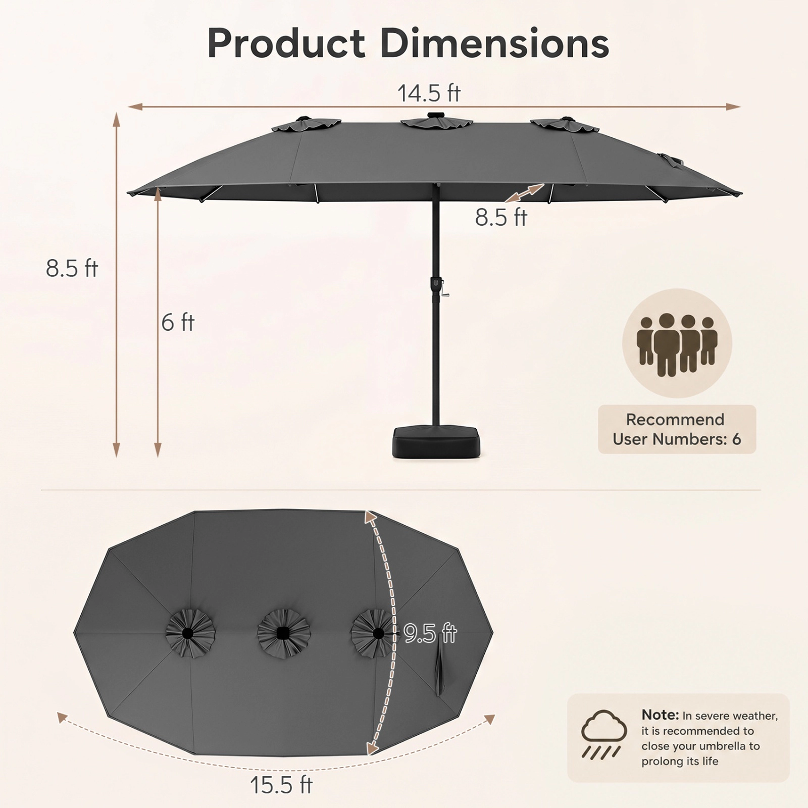 SUGIFT 15.5-ft Gray Extra-Large Rectangular Patio Umbrella with 144 Solar LED Lights