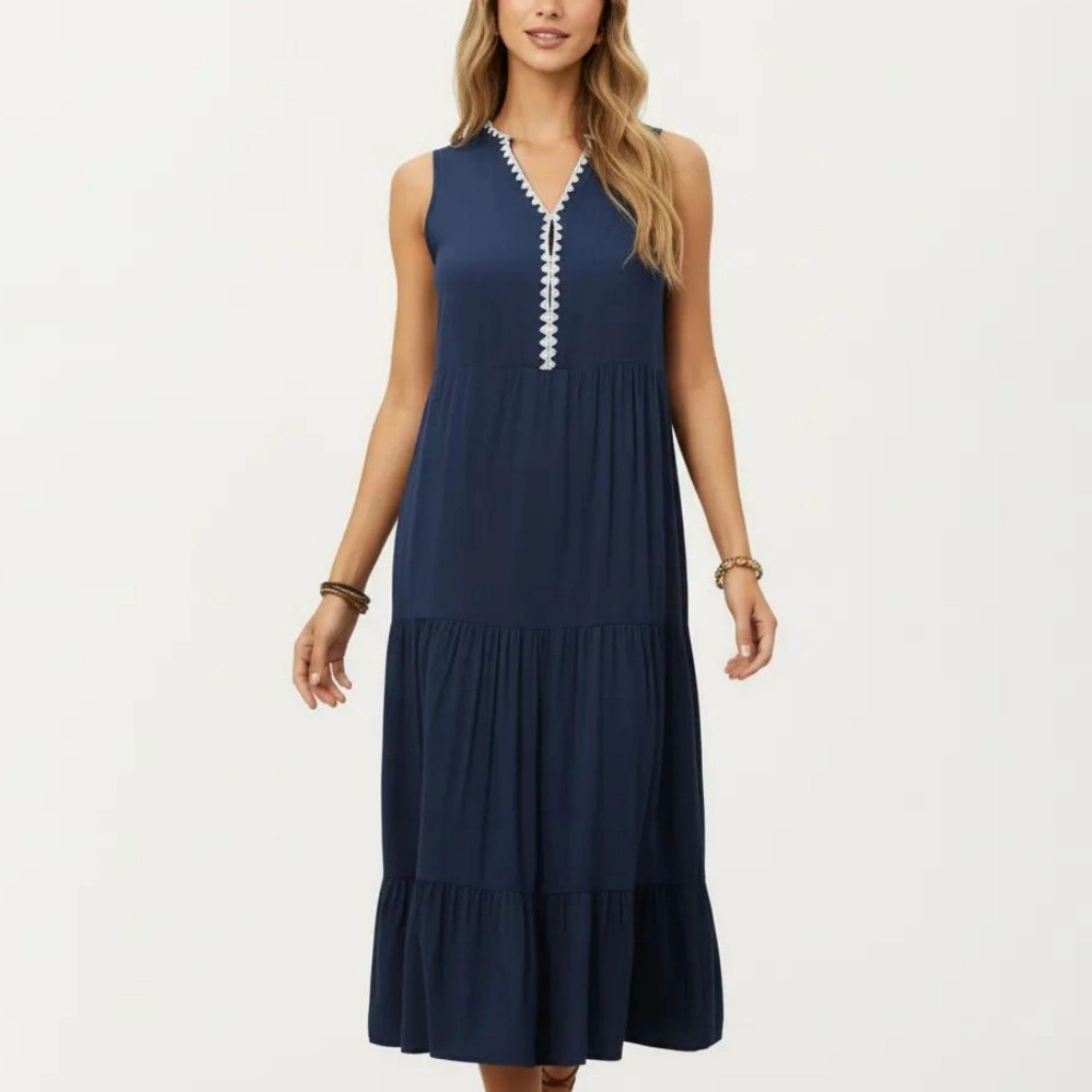 Anna-Kaci Women's Sleeveless V Neck Contrast Trim Detail Tiered Skirt Relaxed Flowy Fit Midi Dress
