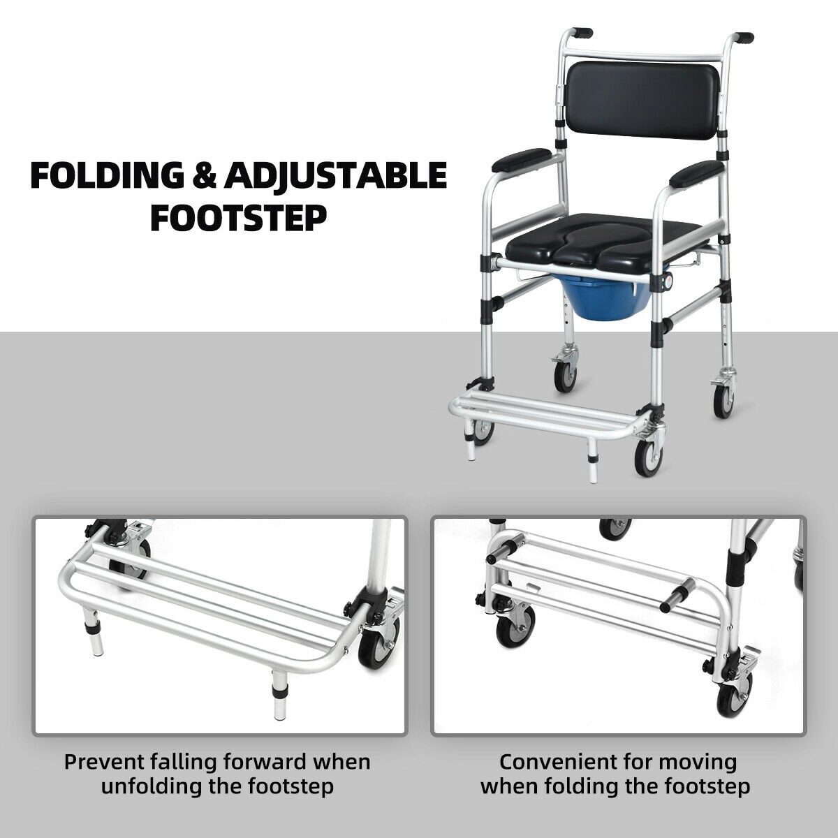 SUGIFT 2-in-1 Commode and Shower Wheelchair, 220 lb Capacity, Locking Casters, Safety Belt