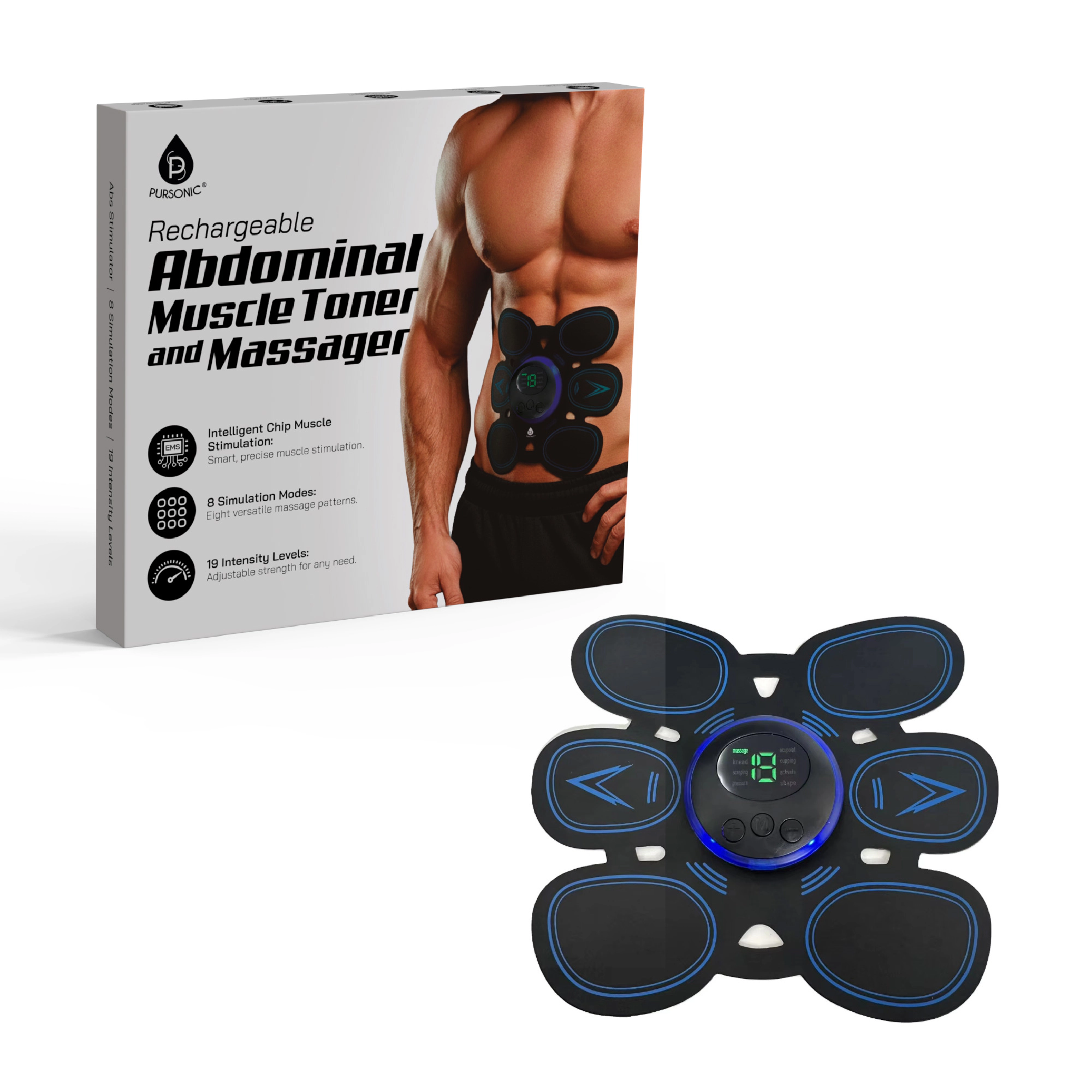 Pursonic Unisex Fitness Muscle Toning Device: Rechargeable Abdominal Muscle Toner & Massager