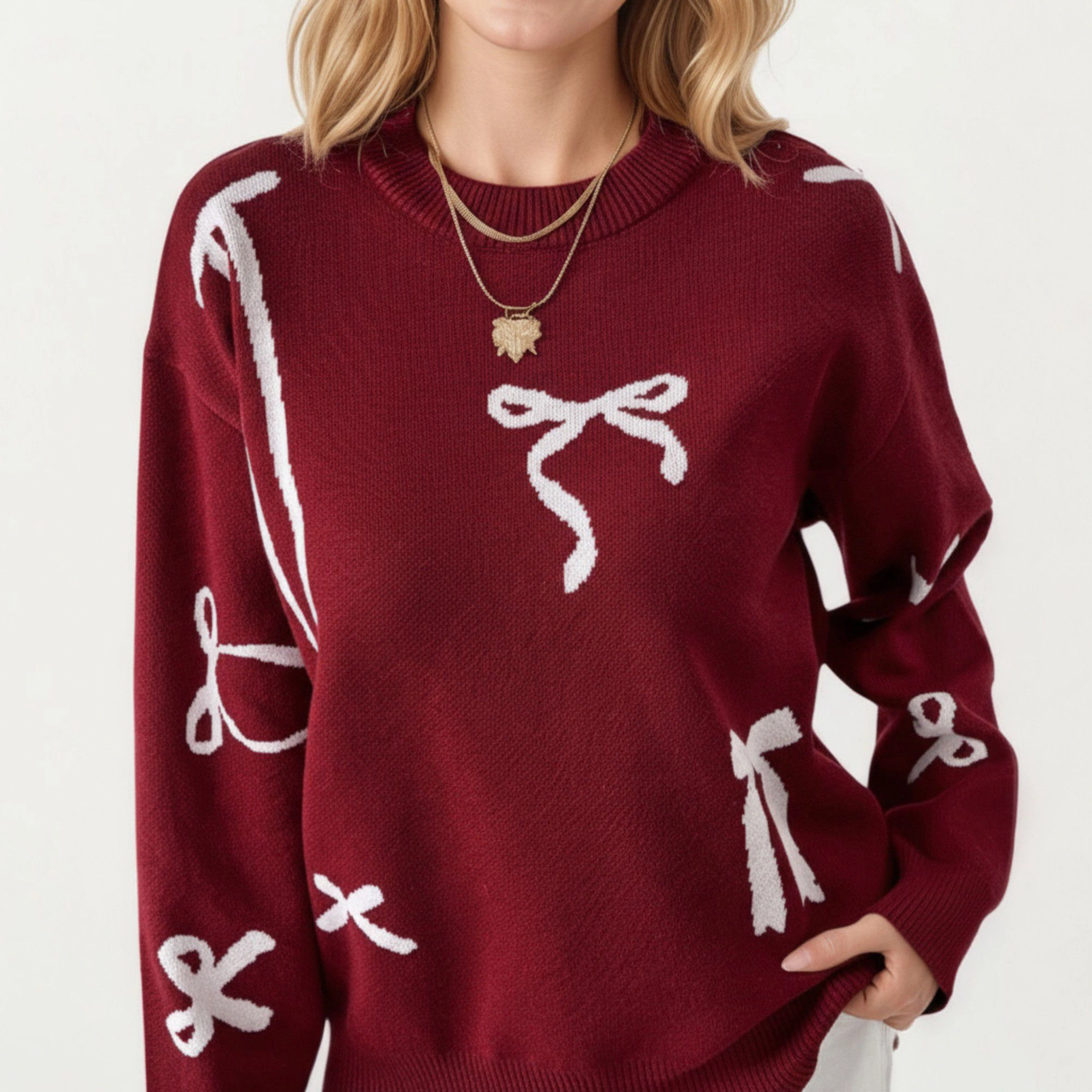 Anna-Kaci Women's Long Sleeve Knit Sweater with Allover Bow Pattern Ribbed Trim