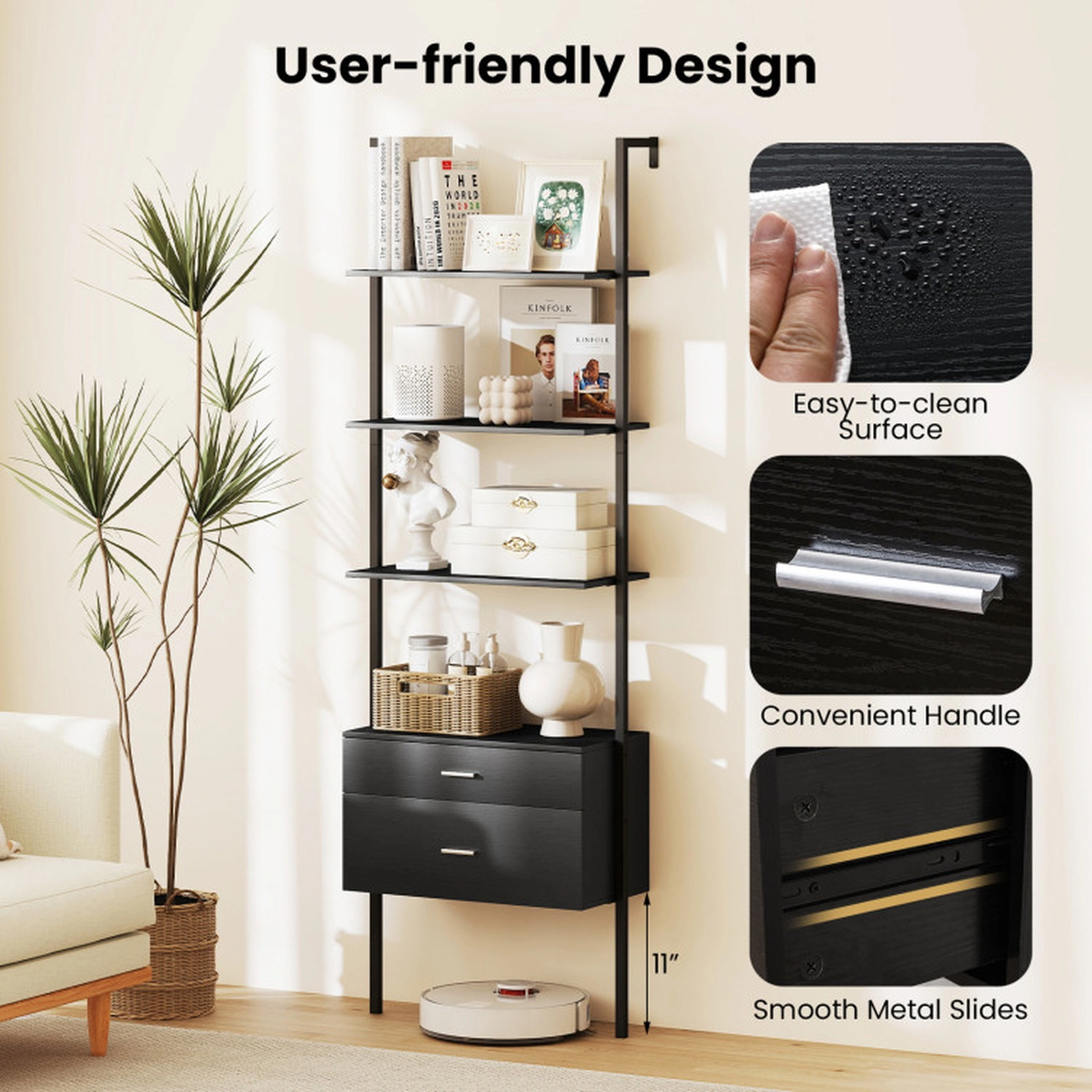 SUGIFT 6-Tier Black 72.5-in Tall Ladder Shelf Bookshelf with 2 Drawers Metal Frame and Raised Legs