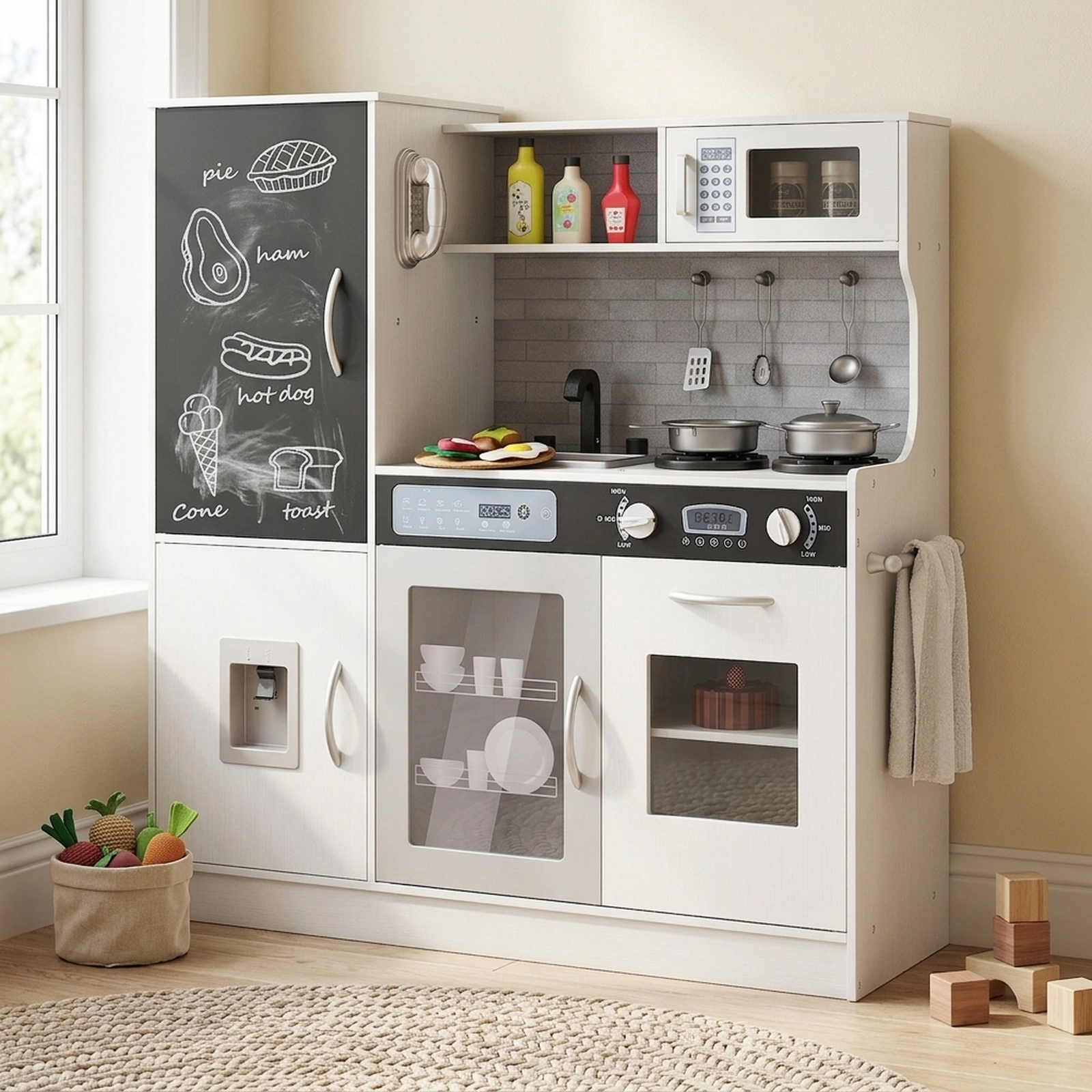 Pretend Play Kitchen for Kids Lighted Water Dispenser Dishwasher Chalkboard Utensils 36-in x 12-in x 39-in Silver