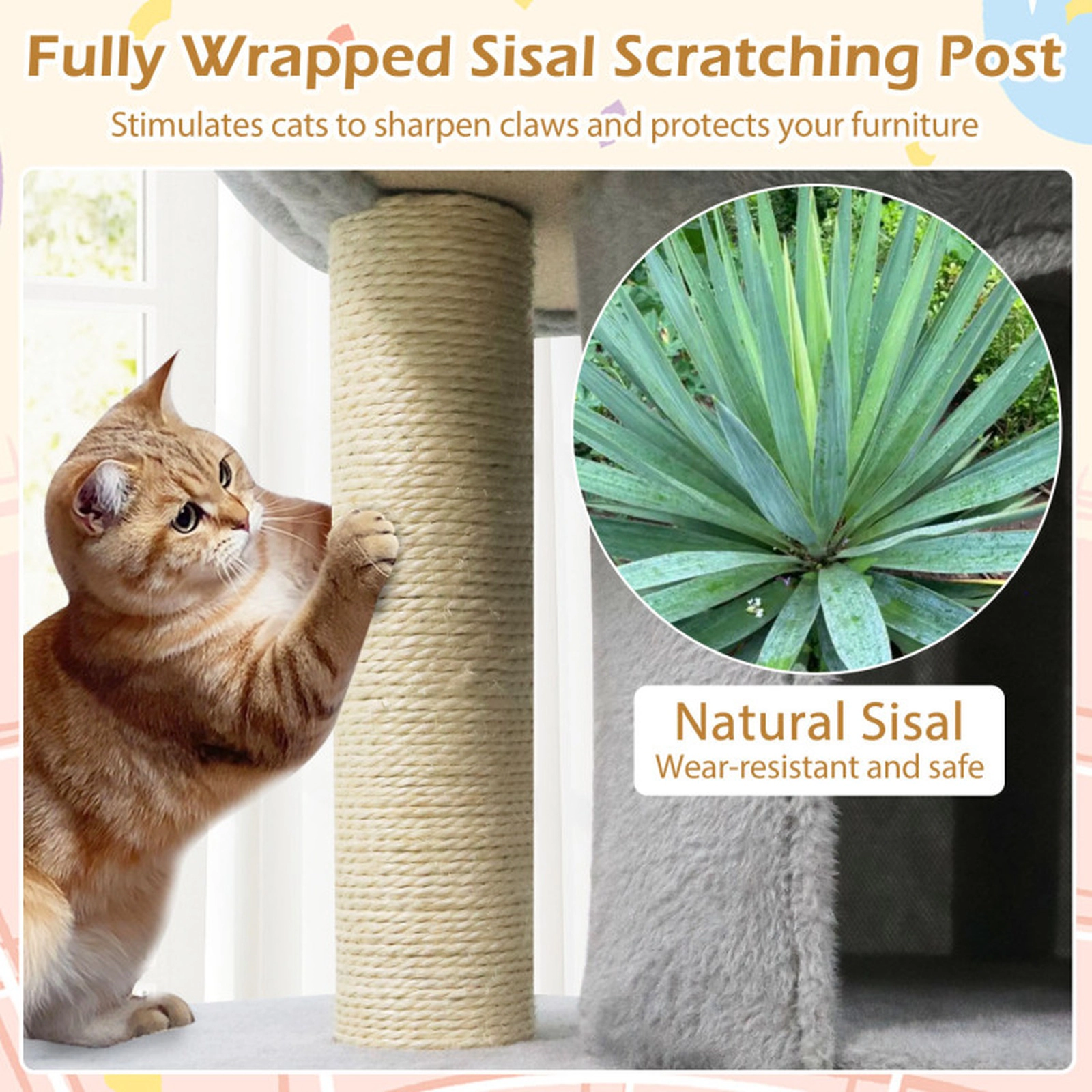 SUGIFT Multi-Level Cat Tree Tower with Large Padded Plush Perch Dual Condos 29-lb Capacity Light Gray 26-in Tall