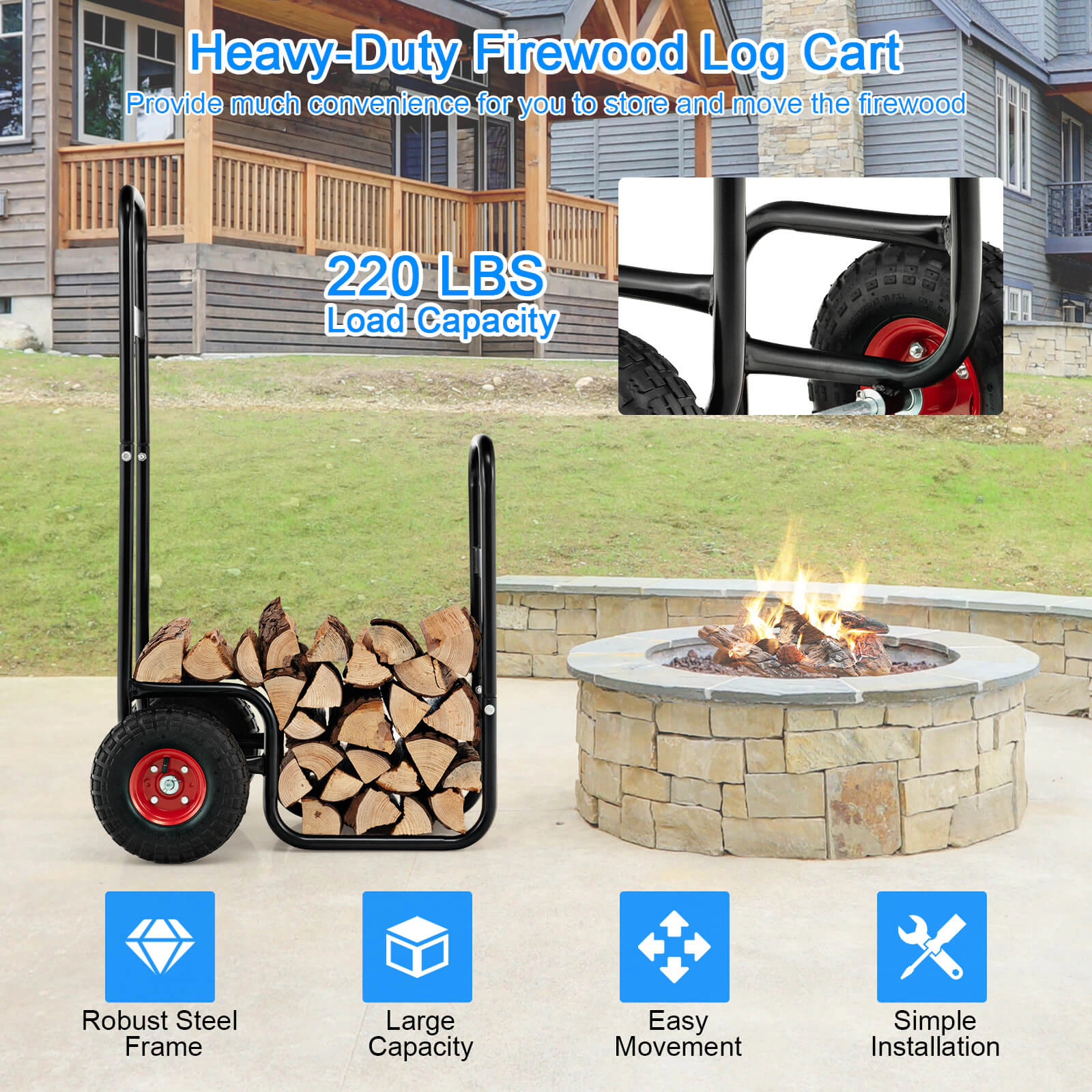 SUGIFT Steel Firewood Log Cart Carrier and Rack with 220-lb Frame Capacity Black