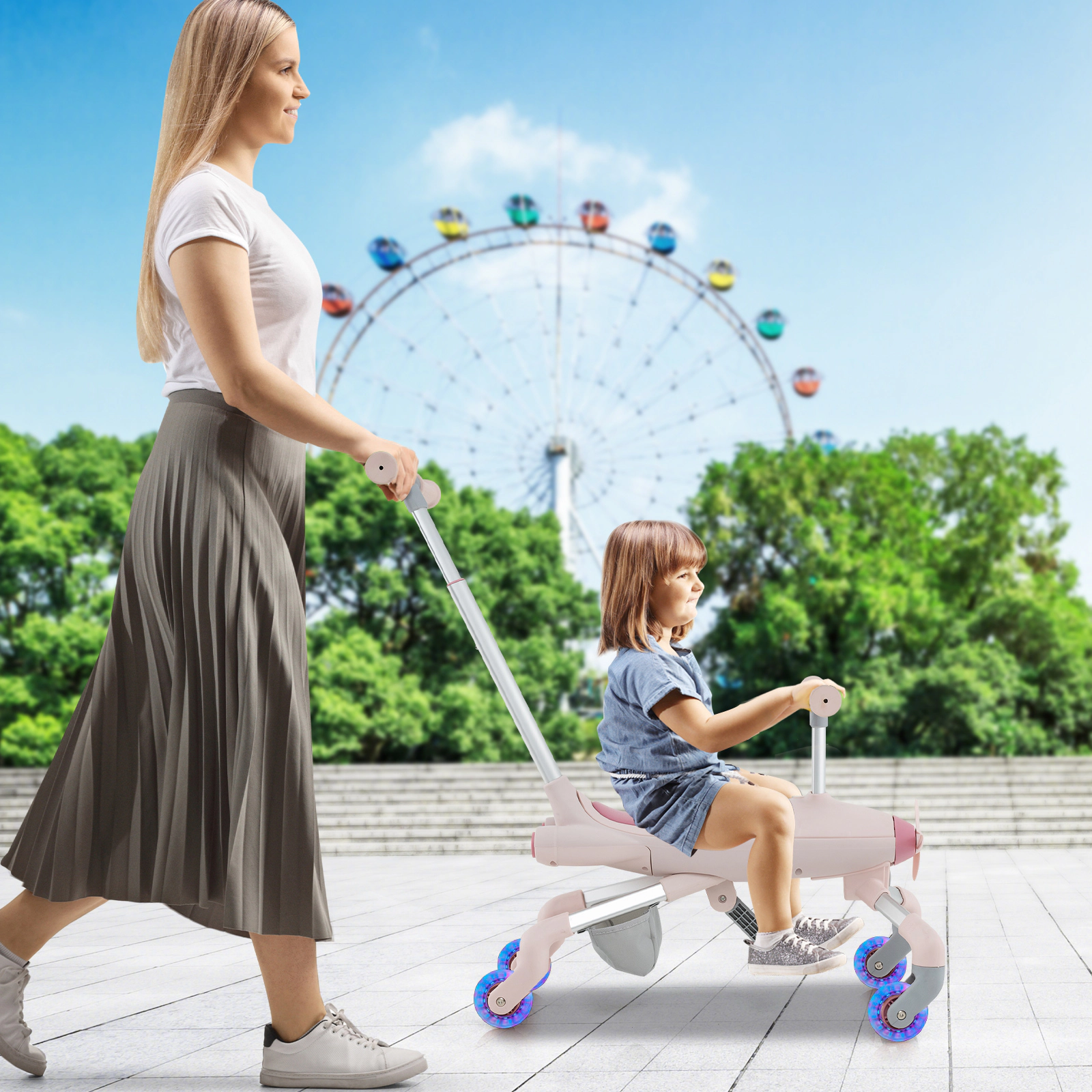 2-in-1 Toddler Push Car Battery-Free LED Wheels 4-Position Parent Handle Swivel Front Wheels Storage 18-60 Months Pink