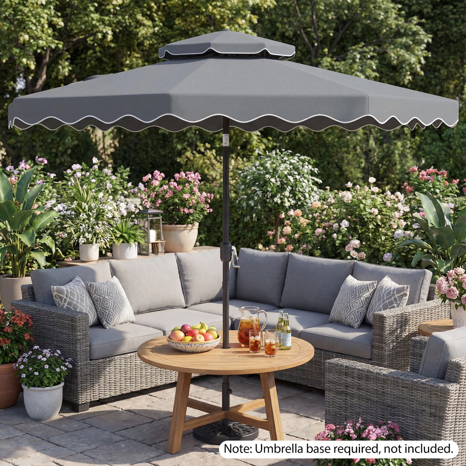 SUGIFT 9-ft Gray Ruffled Market Patio Umbrella, Vented Top, Crank Lift, Push-Button Tilt