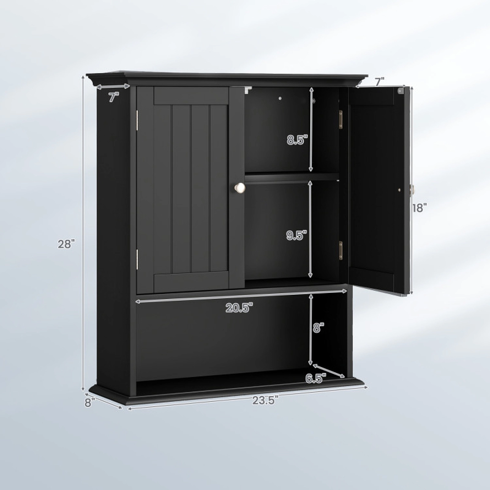 SUGIFT Wall Mount 2-Door Open Compartment Bathroom Storage Cabinet 23.5-in x 7.5-in x 28-in 11-lb per Shelf Black