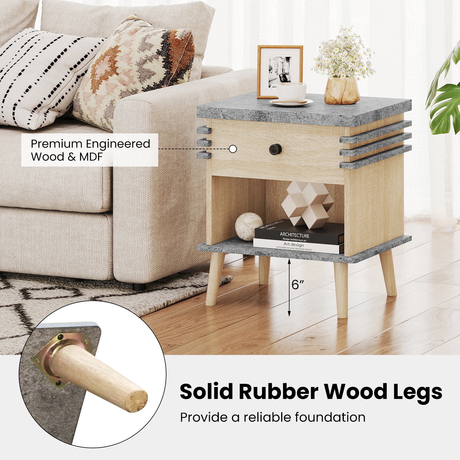Hivvago 3-Tier Bedside Table Nightstand with  Faux Marble Top