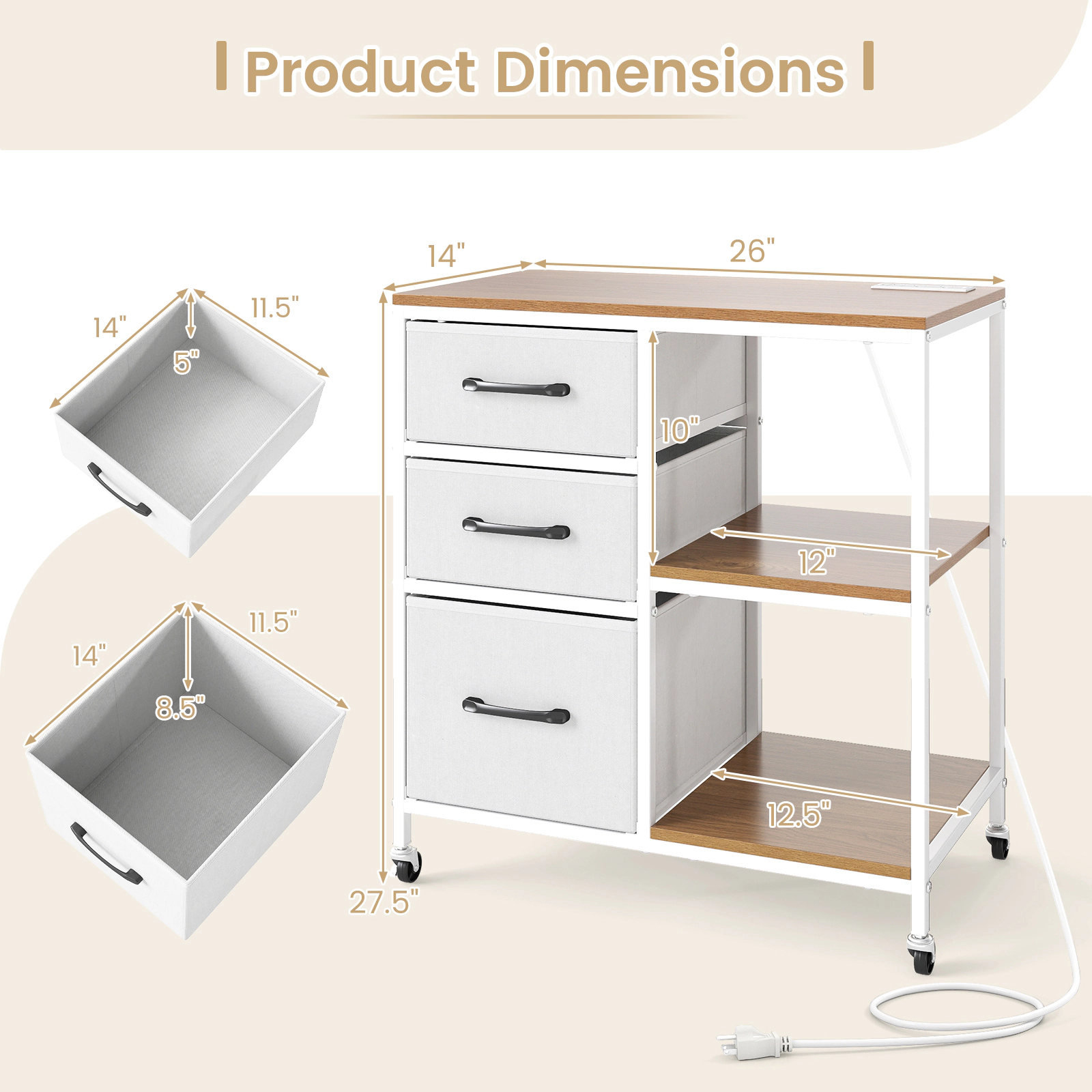 SUGIFT 3 Drawer Mobile File Cabinet Natural with Charging Station and Printer Shelves