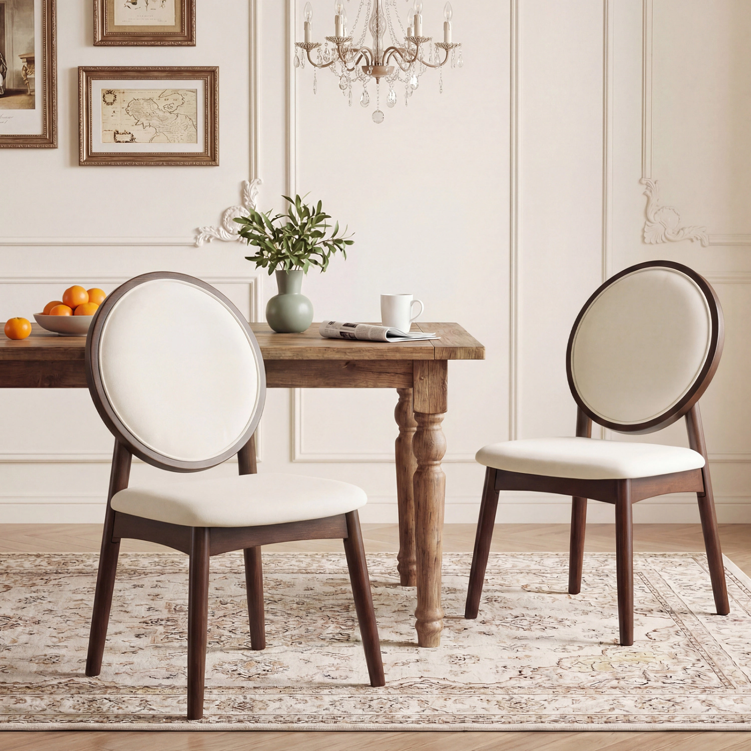 LJG Set of 2 Upholstered Linen Fabric Kitchen Side Chairs with Padded Seat