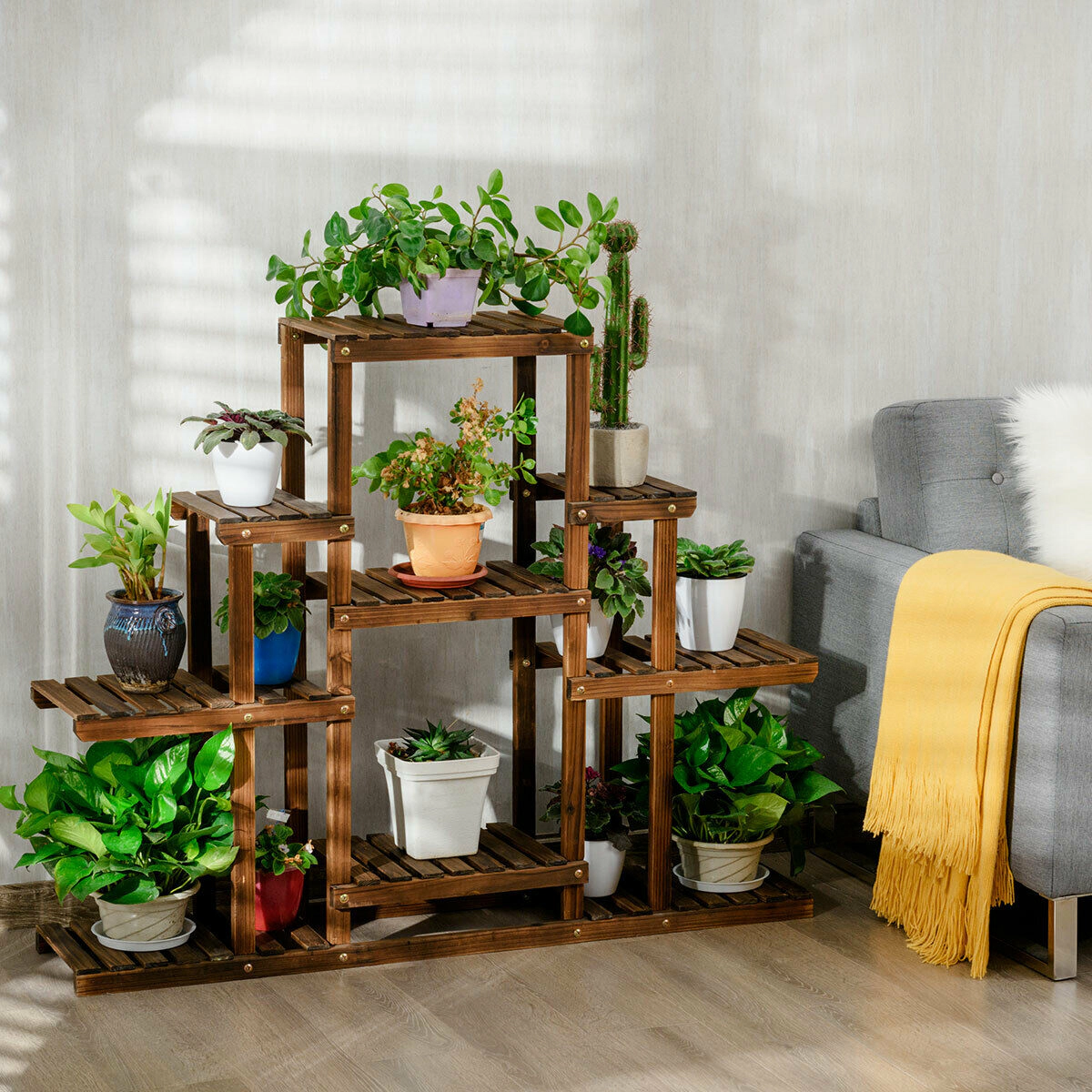 SUGIFT Brown 6-Tier 47-in Wood Plant Stand for 9 Pots Flower Display Rack and Ladder Storage Shelf