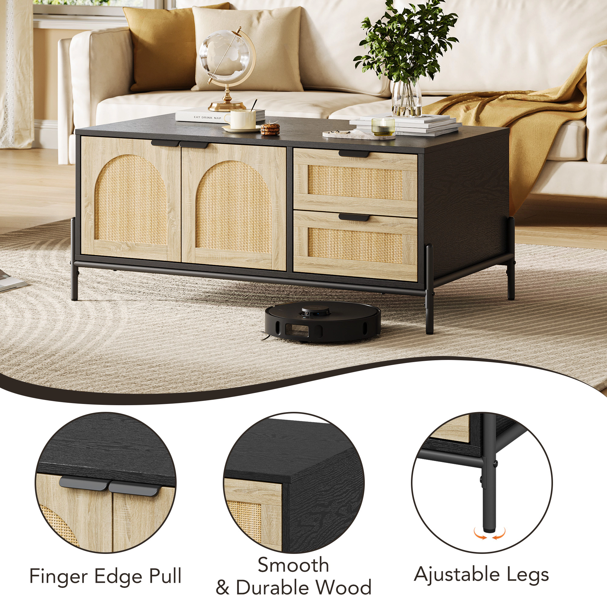 BebreezChic Rattan Coffee Table with LED Lights, Rectangular Center Table for Living Room - 2 Storage Drawers