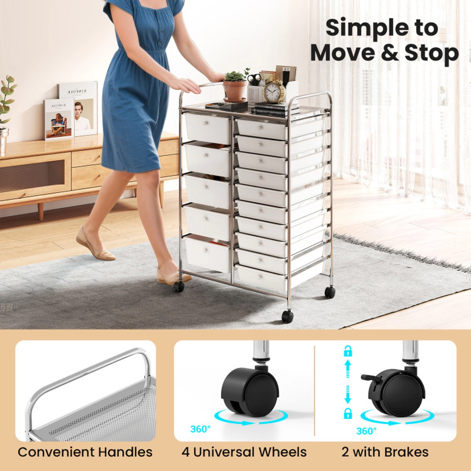 SUGIFT White 88-lb Capacity 15-Drawer Rolling Storage Trolley Cart with Chrome Plated Metal Frame